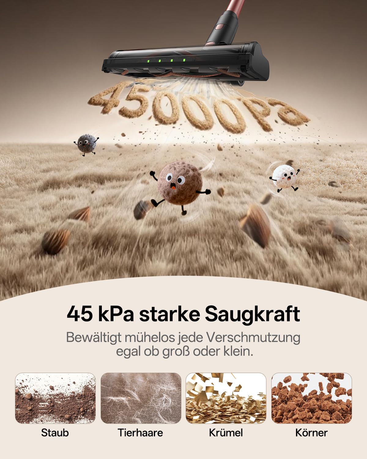 Vexilar V10Pro Akku Staubsauger, 45kPa Kabelloser Staubsauger mit Grüner LED, Leichter Handstaubsauger Kabellos, 45 Min Laufzeit, Abnehmbarer Akku, Vacuum Cleaner für Auto, Teppich & Tierhaare