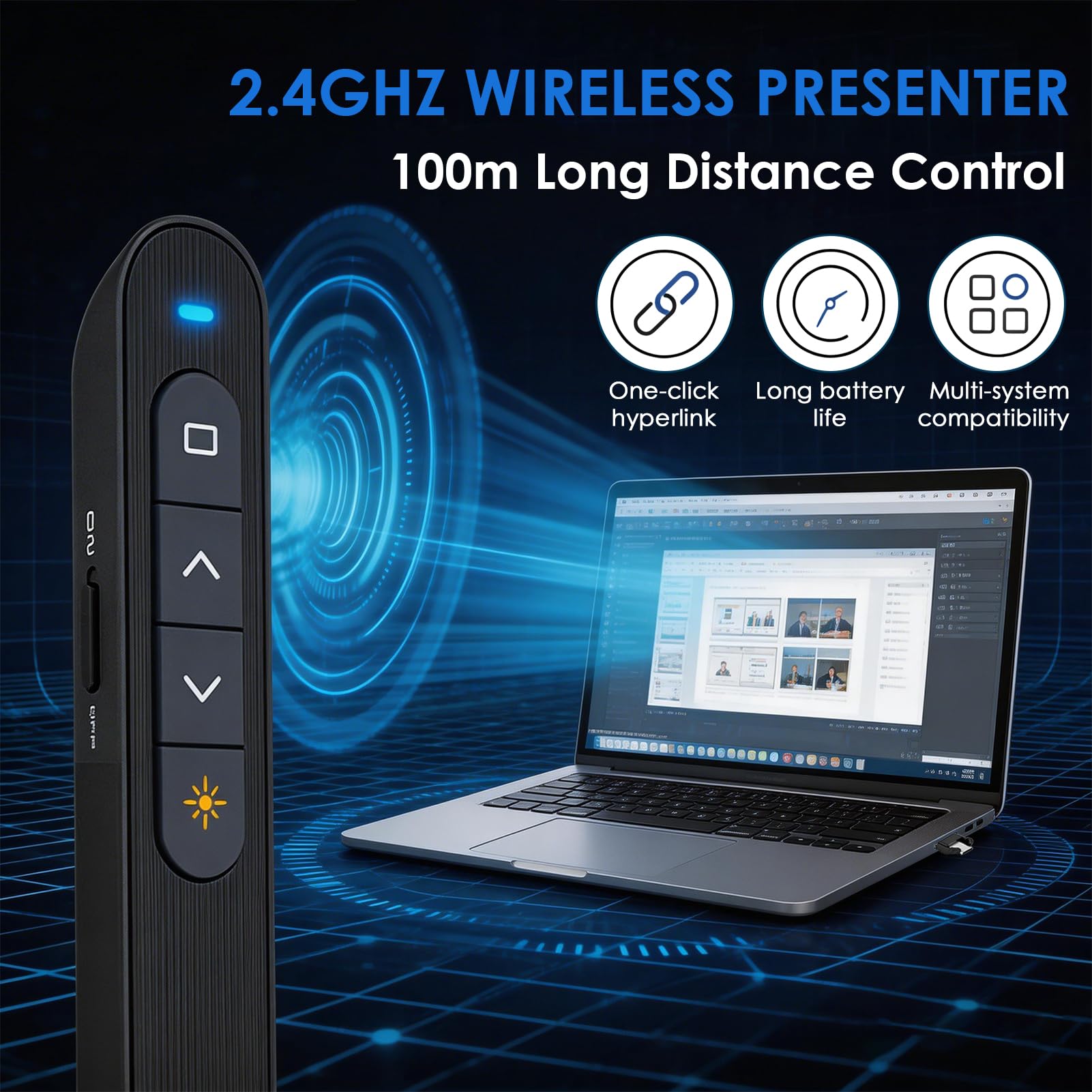 Télécommande de Présentation sans Fil 2-en-1 USB-C & USB-A, Pointeur PowerPoint 2,4 GHz avec Contrôle du Volume et Hyperliens