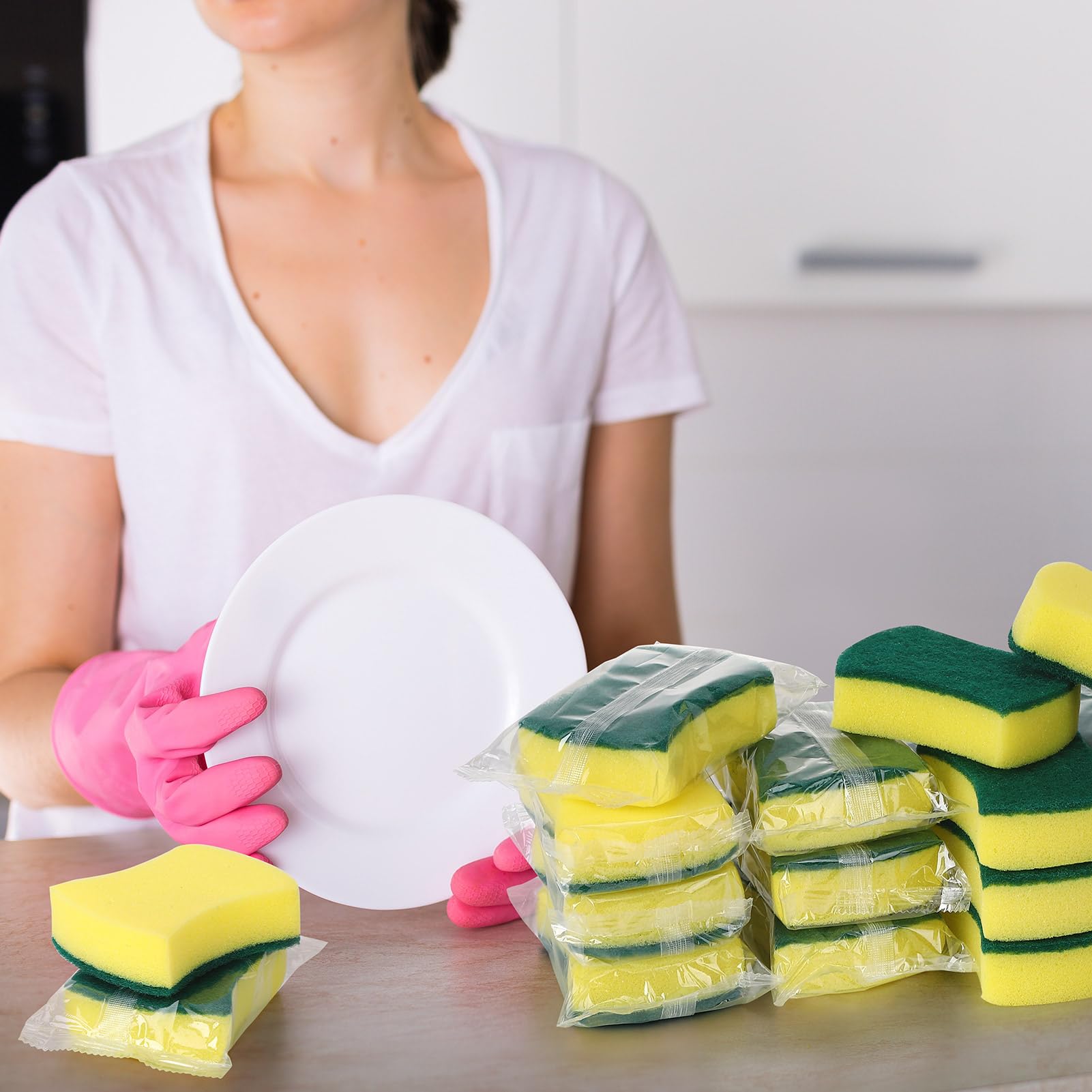 100 spugne confezionate singolarmente, non compresse, antigraffio, spugne per la pulizia della casa e dei piatti, cucina Airbnb, appartamento, auto, bici, verde