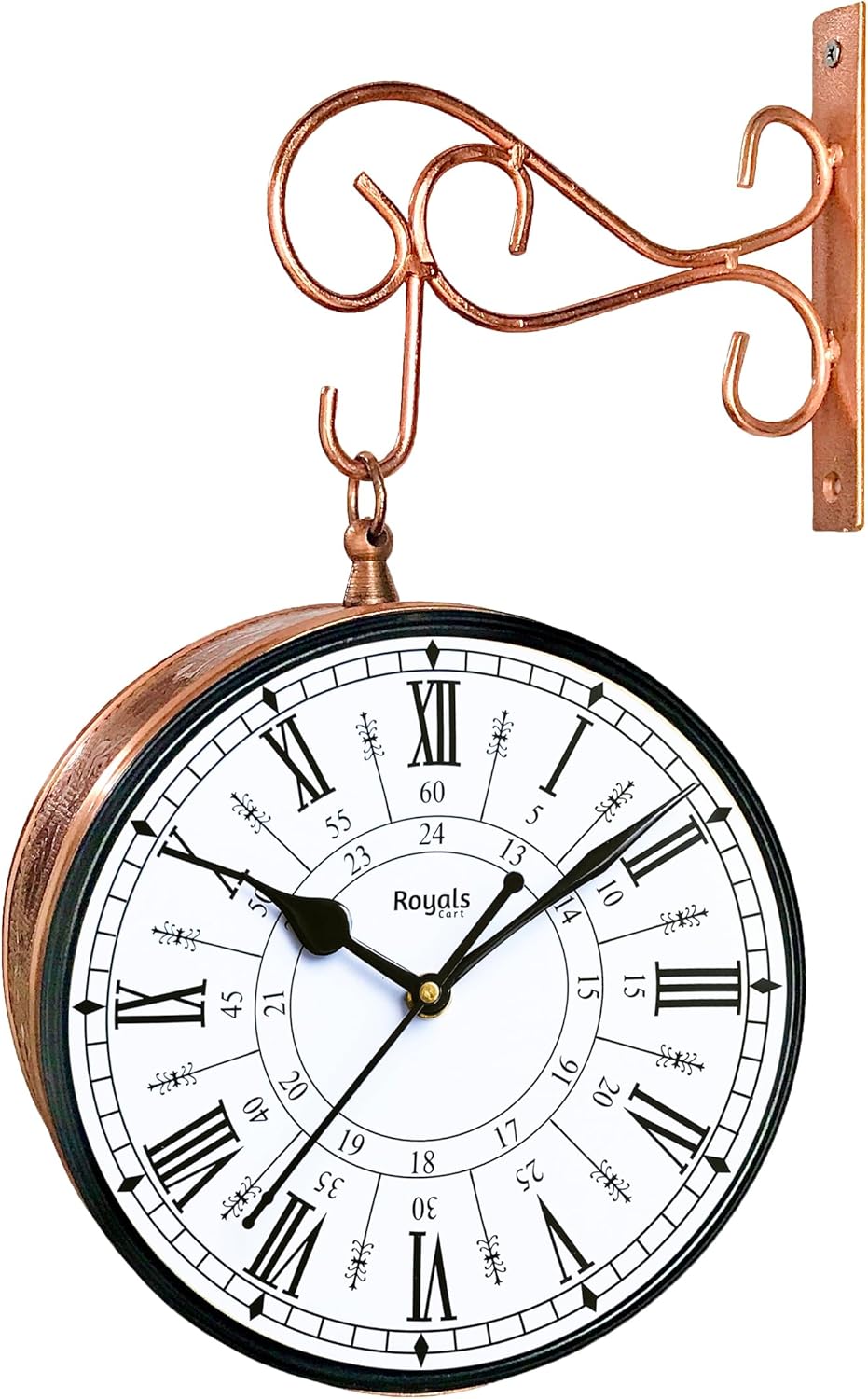 Double Sided Metal Vintage Station Analog Hanging Wall Clock for Home and Living Room with Antique Rose Gold and 24 Hours Dials on Both Sides [KTWCCR6]