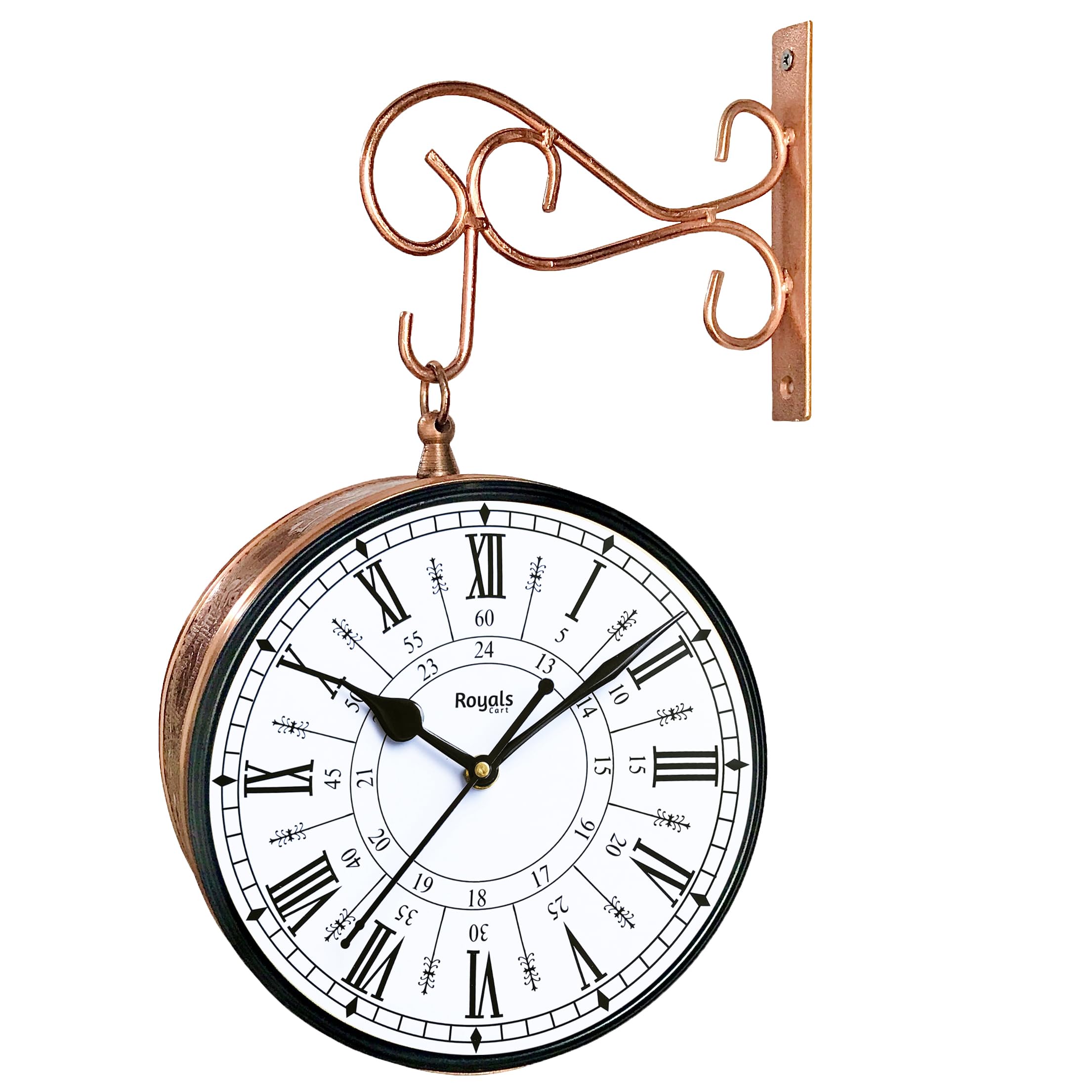 RoyalsCart Double Sided Metal Vintage Station Analog Hanging Wall Clock for Home and Living Room with Antique Rose Gold and 24 Hours Dials on Both Sides [KTWCCR8]