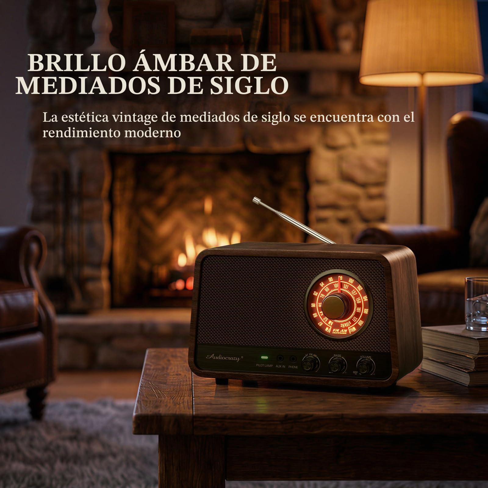 Radio Bluetooth FM de madera clásico con 10 vatios de sonido potente, radio retro con altavoz Bluetooth con esfera brillante ámbar, control de graves, entrada auxiliar, conector para