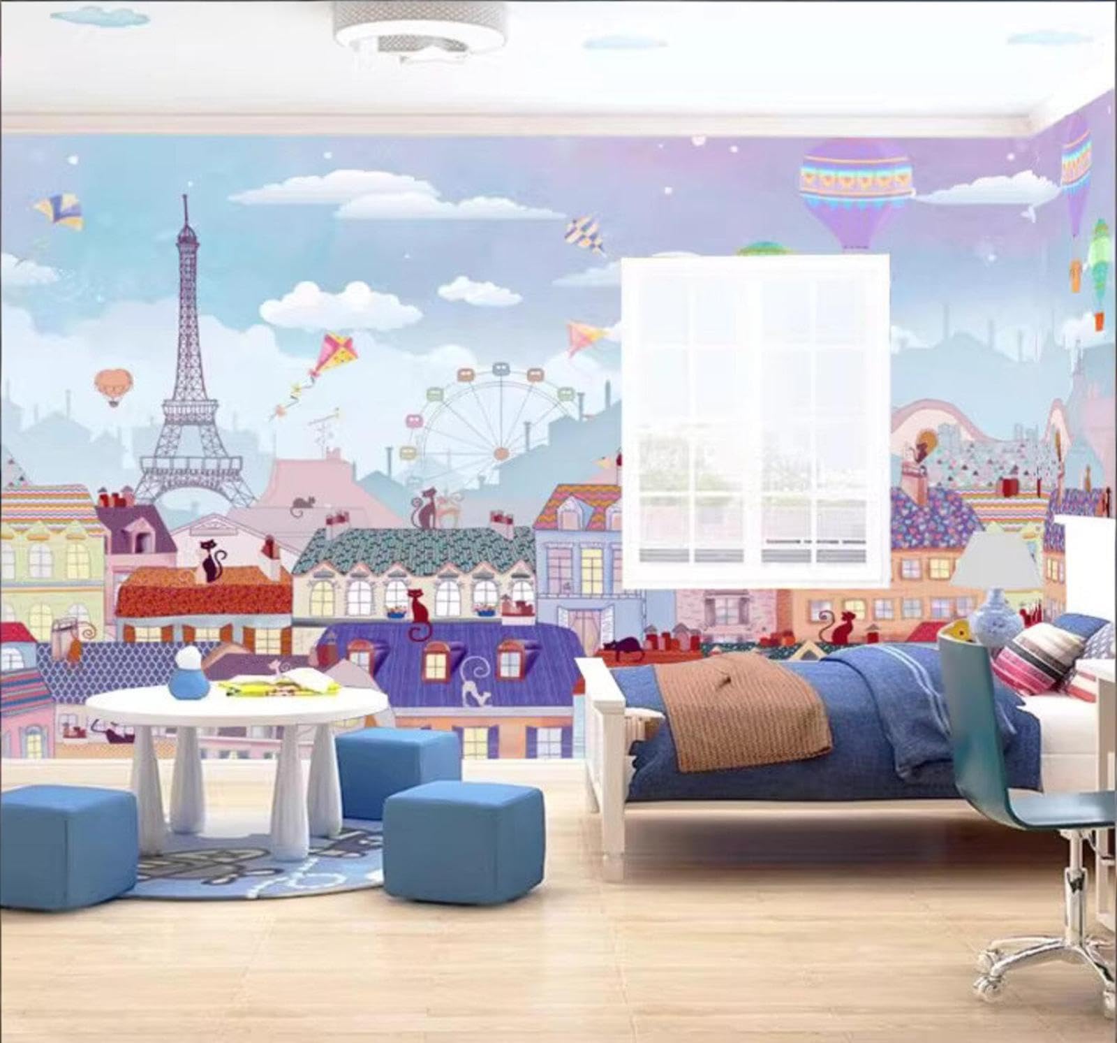 Cartoon Hand Drawn Creative City Architecture Hot Air Balloon 3D Wallpaper Easy Install Feature Office Living Room Sofa Bedroom TV Background Wall Decoration-300cm×210cm