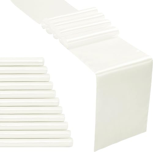 12 caminos de mesa de satén blanco roto de 12 x 108 pulgadas, elegante y suave, decoración de mesa de tela sedosa para decoración de boda, banquete