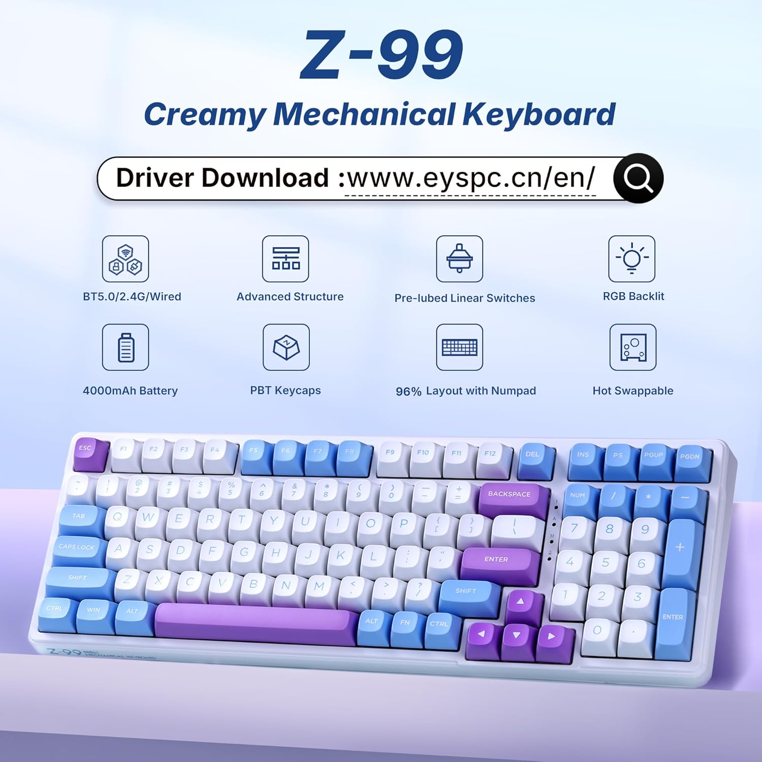 E-YOOSO Z-99 Wireless Mechanical Keyboard with Number Pad, Tri-Mode BT5.0/2.4GHz/USB-C, Hot Swappable Linear Switches, 99 Keys, RGB Backlit Creamy Gaming Keyboard for Laptop/PC/Mac
