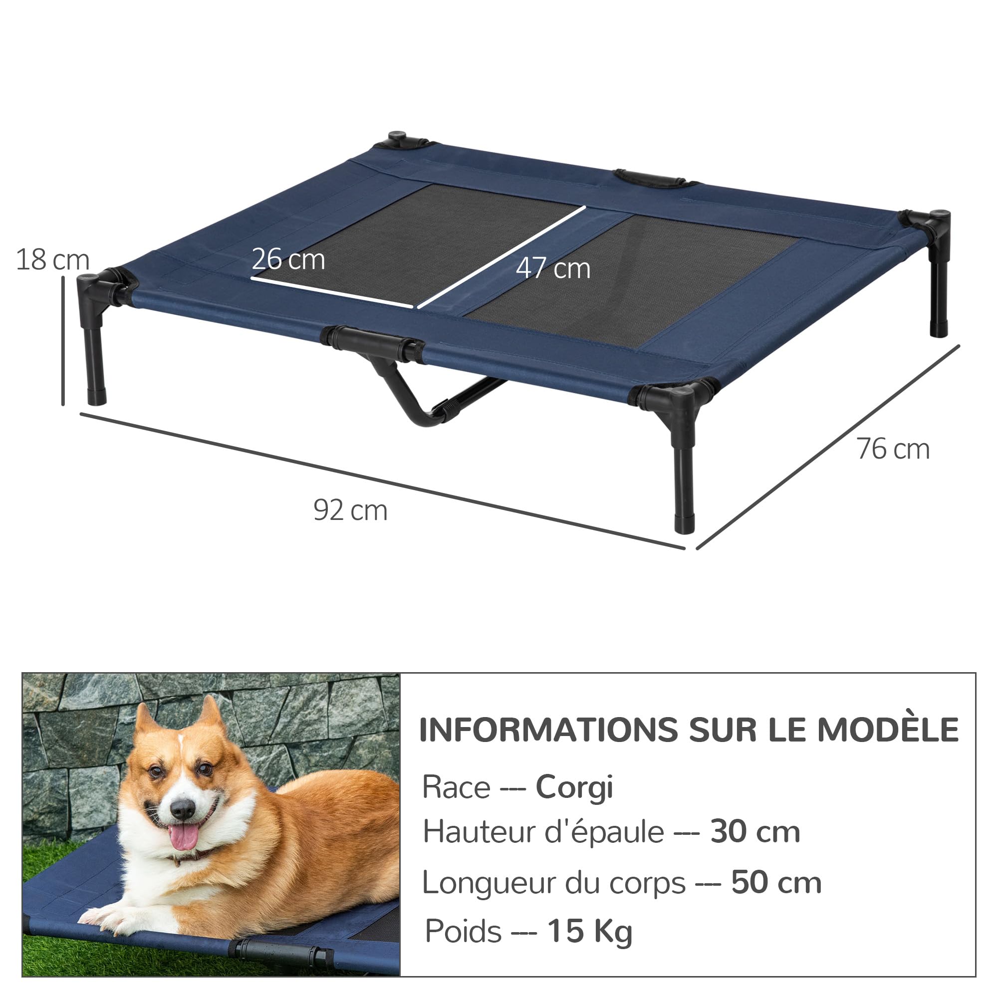 PawHut Lit sur Pieds lit pour Chien Chat lit de Camp lit surélevé Animaux Grand Confort Tissu Oxford textilène Micro-perforé métal 92L x 76l x 18H cm Bleu