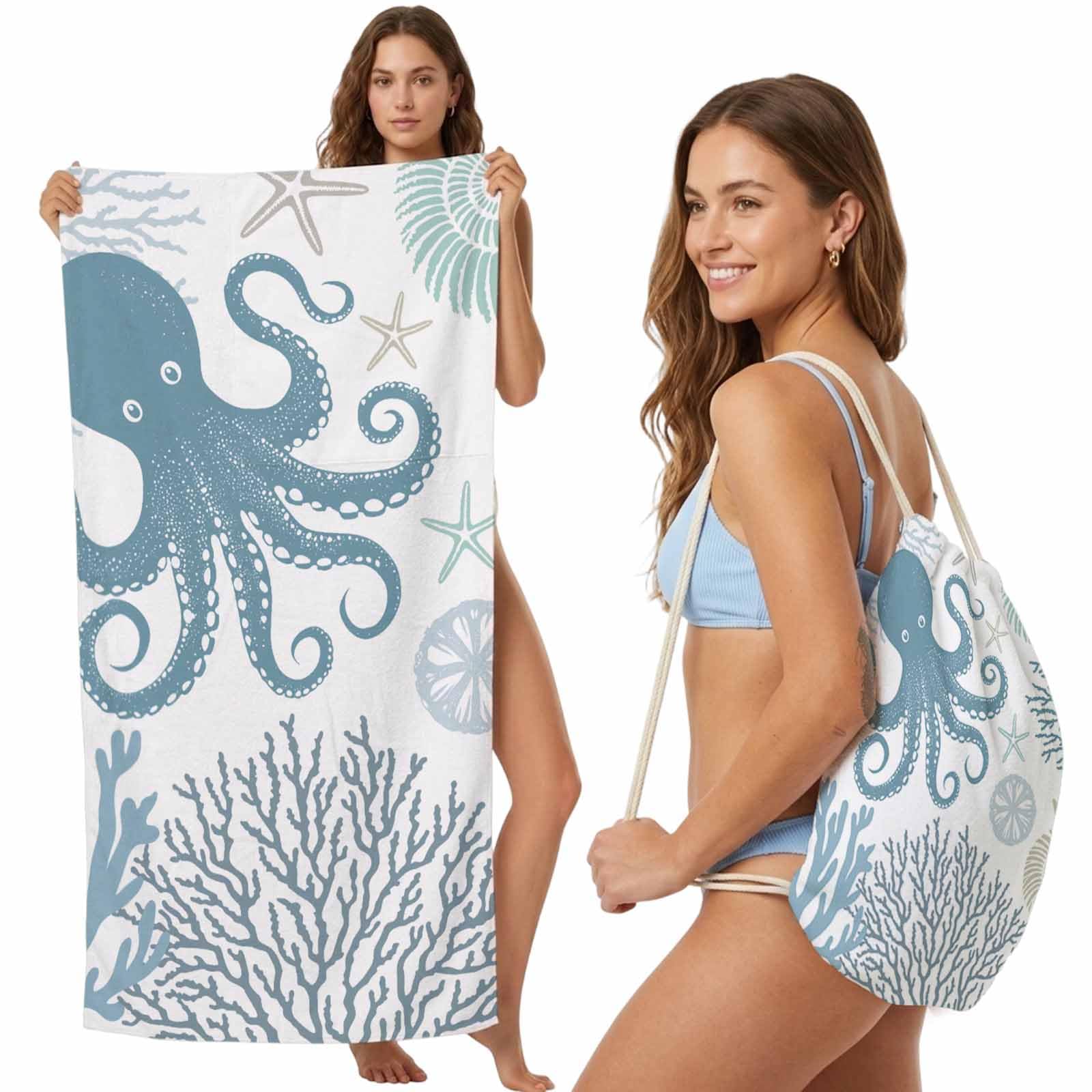 FWJZDSP Beach Towel Backpack Convertible Blue Octopus Sand Free Quick Dry Towel Bag Ocean Coral Starfish Shell Beach Towel with Adjustable Straps for Travel Swimming Pool Beach Accessories 31.5x63in