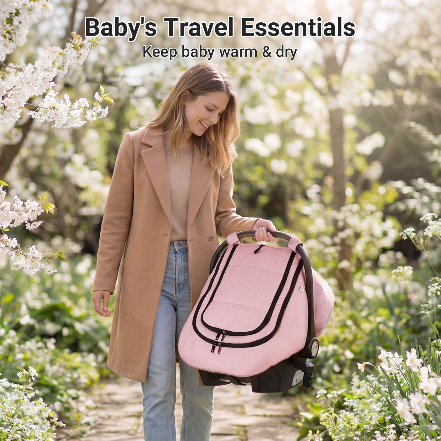 Rquite Car Seat Cover Baby, Winter Carseat Covers Boy Girl, Waterproof Infant Car Seat Cover Warm Car Seat Canopy for Cold Weather, Windproof Baby Carrier/Stroller Cover with 2 Layers Windows, Pink - Image 7