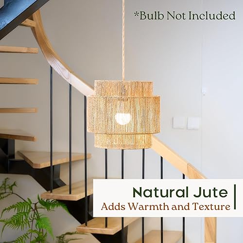 Miniatura 2 de Lámpara colgante de yute enchufable, lámpara colgante de mimbre natural con interruptor regulable de 3 vías, lámpara de techo colgante para isla de