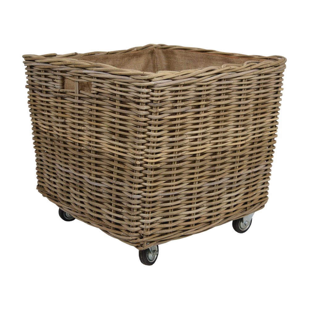 Wovenhill Brown Kubu Rattan Square Wheeled Log Basket – Handmade Wicker & Rattan Storage Box With Liner, Handles & Wheels – Firewood, Kindling & Log Storage Holder For Fireplace