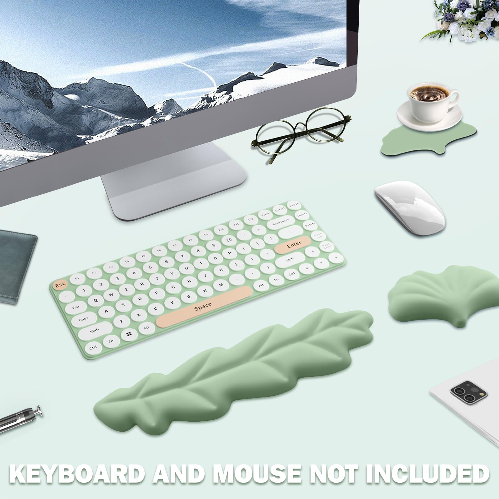 Lauspuck Keyboard Wrist Rest Pad Set, Leaf Shape PU Leather Memory Foam Wrist Cushion Support,Mouse Wrist Rest Pad,Non-Slip Wrist Support for Easy Typing Pain Relief, Green Leaf
