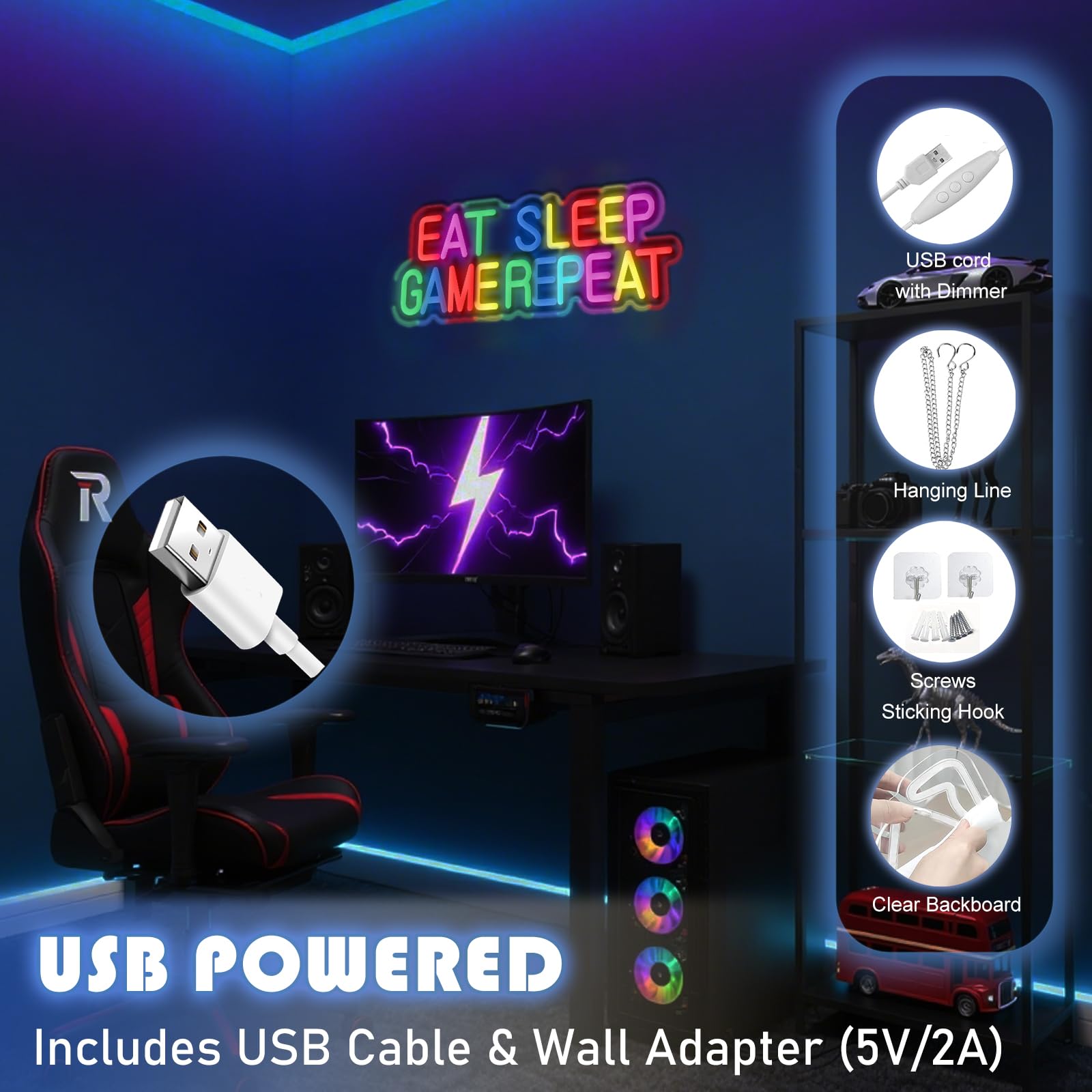 Luz de neón para jugadores, EAT SLEEP GAME REEAT, luz LED para decoración de sala de juegos, decoración de habitación de niños, luz de neón para jugadores, el mejor regalo para niños