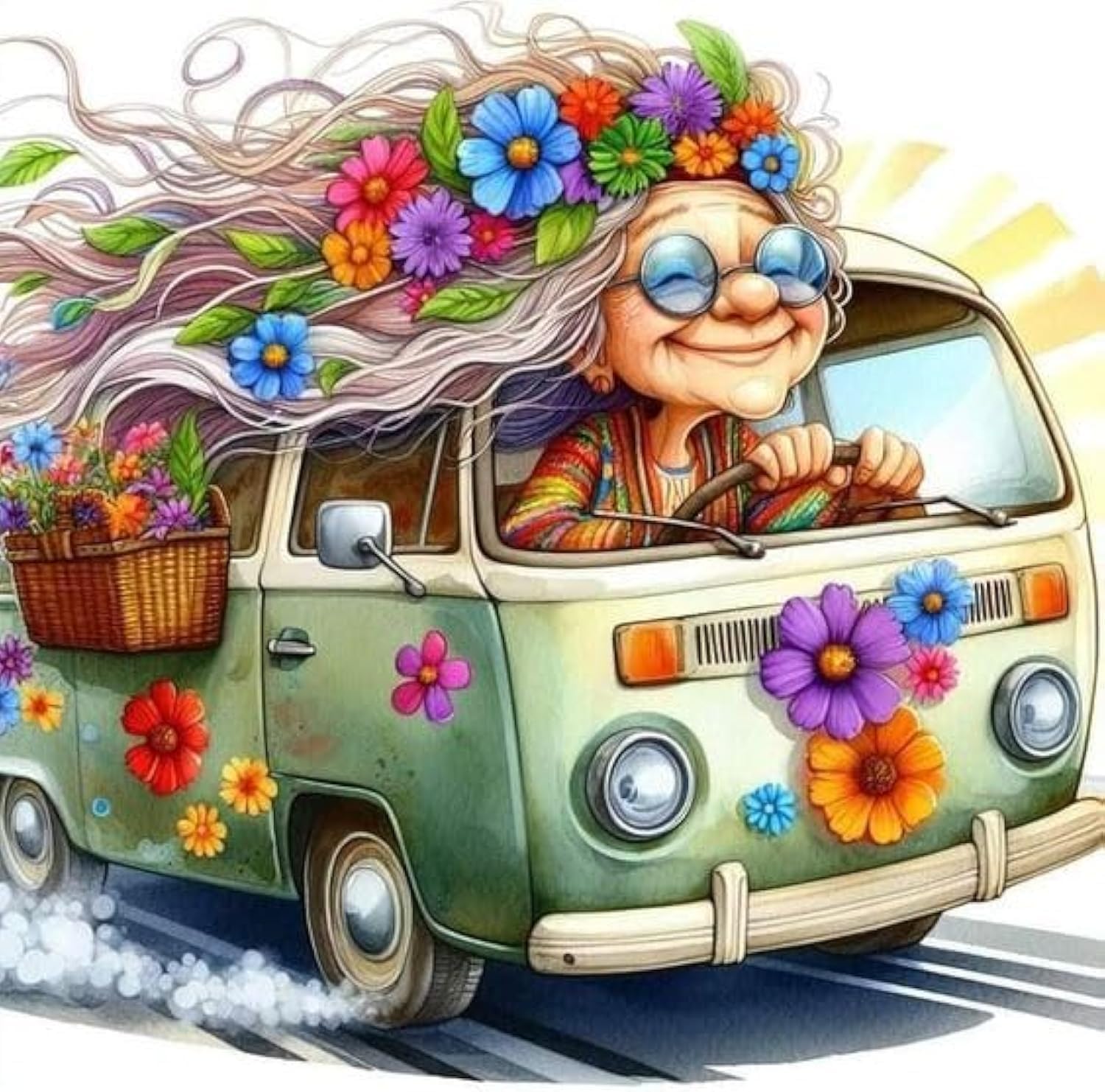 FQOVKYN Cartoon Diamond Painting Kits for Adults, Flower Car Diamond Art Kits for Adults Beginners, Cartoon Gem Art Kits for Adults for Home Wall Decor Present(12x12inch)
