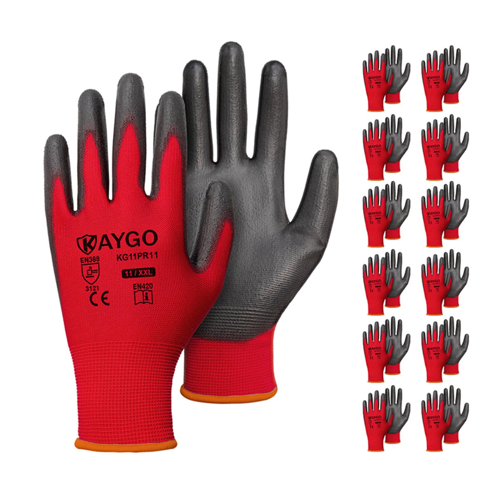 KAYGO Safety Work Gloves PU Coated-12 Pairs Seamless Knit Glove with Polyurethane Coated Smooth Grip on Palm & Fingers, for Men and Women, Ideal for