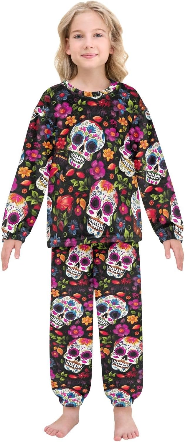Sugar Skulls Floral Plush Pajama Set, Soft Coral Fleece Warmth, Relaxed Fit with Pockets