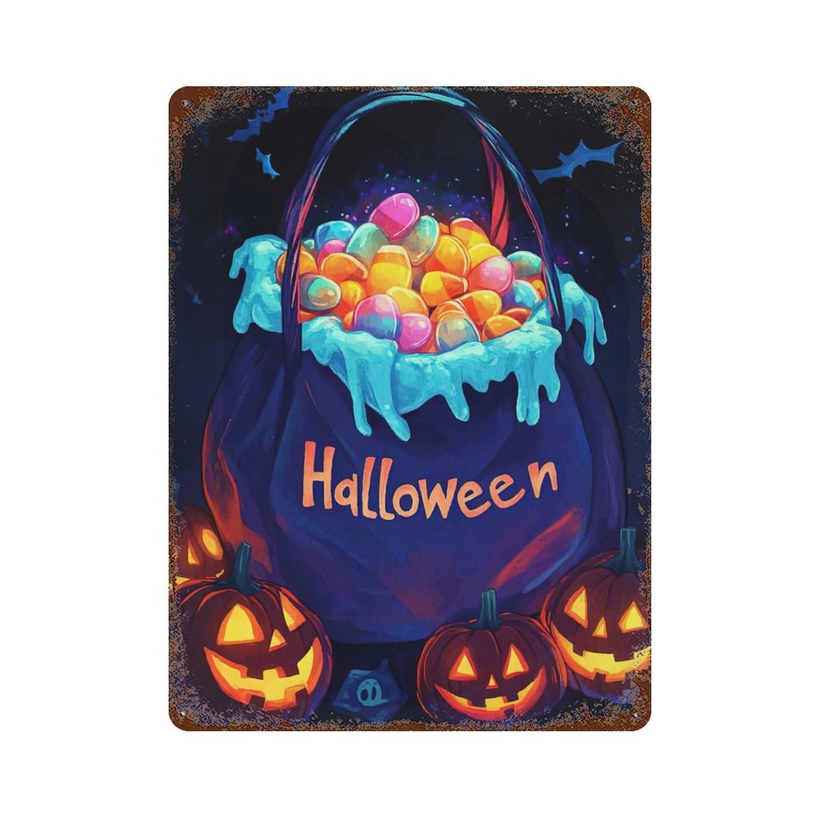 Halloween Candy Bag Pumpkins 15.7"x11.8" Vintage Rust Metal Sign, Shabby Chic Decor for Garage, Bar And Workshop Decor