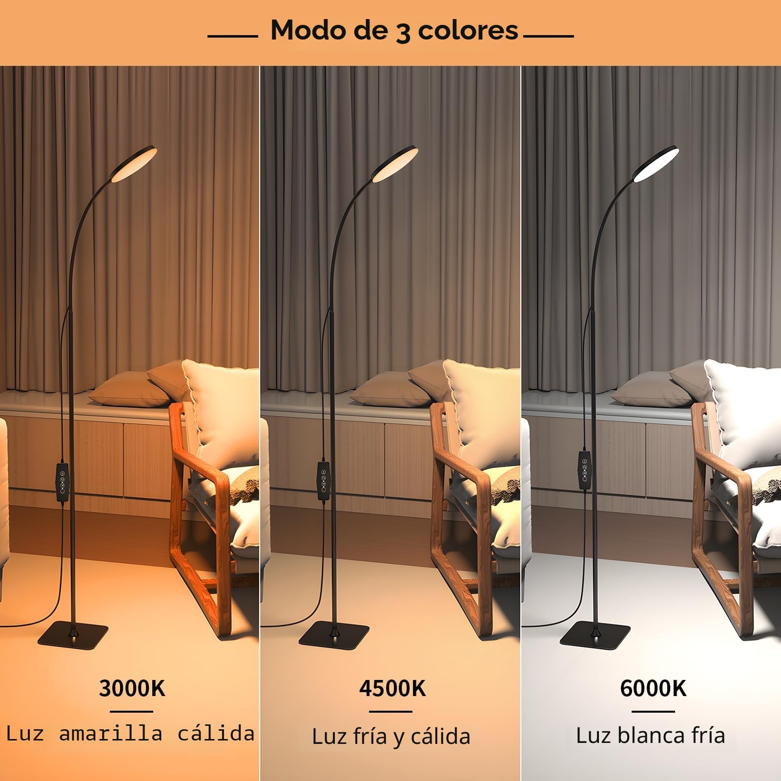 Mojimdo Lámpara de Pie, [3 Colores y 10 Luminosidades] Lámpara LED de lectura de pie, regulable y flexible para habitaciones infantiles, oficina, salón, mesilla de noche de esquina