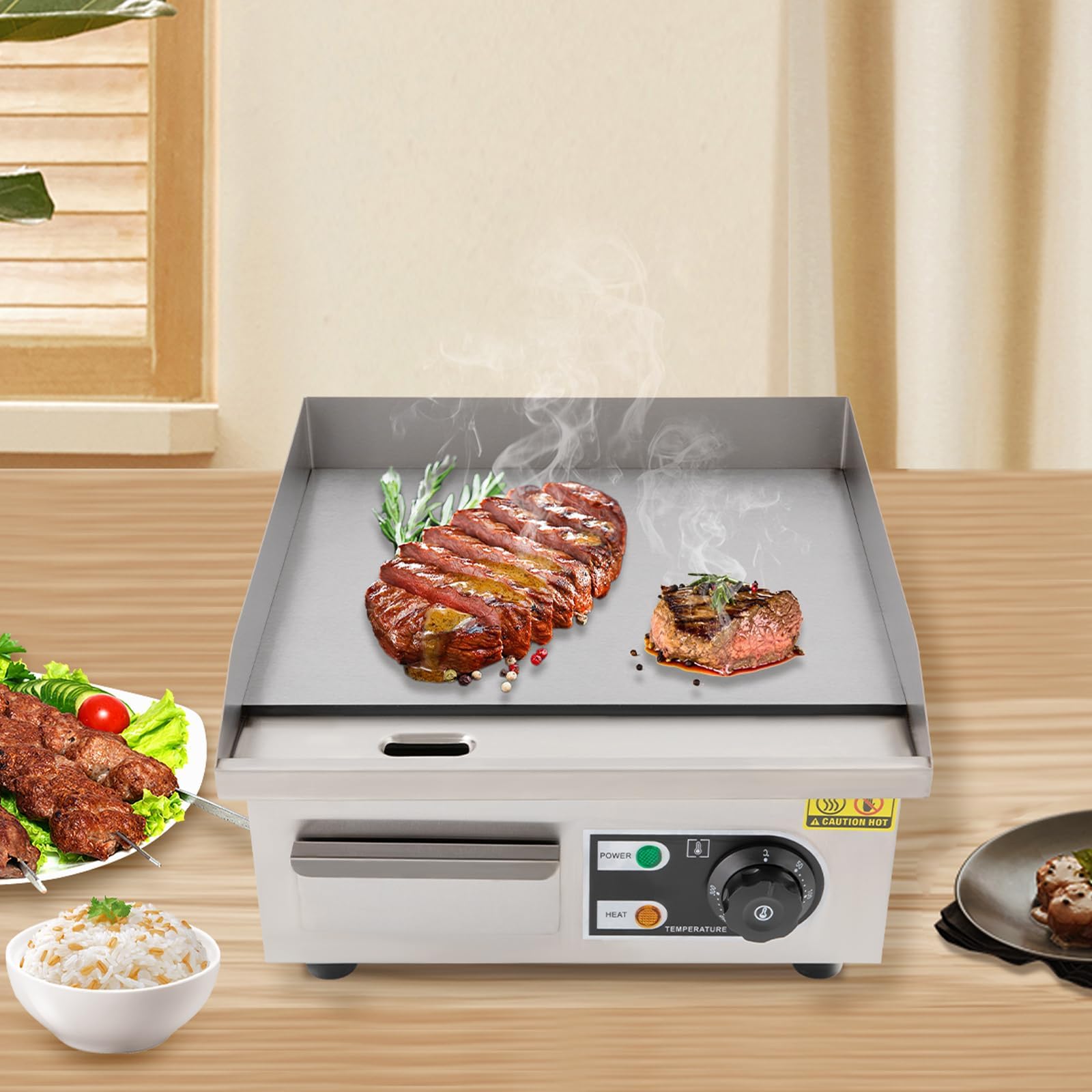 Griglia Elettrica Commerciale, Piastra Piana Da Banco 1500W Con Temperatura Regolabile 50-300℃ E Superficie Antiaderente, Griglia In Acciaio Inox Per Cucina Attività E Catering