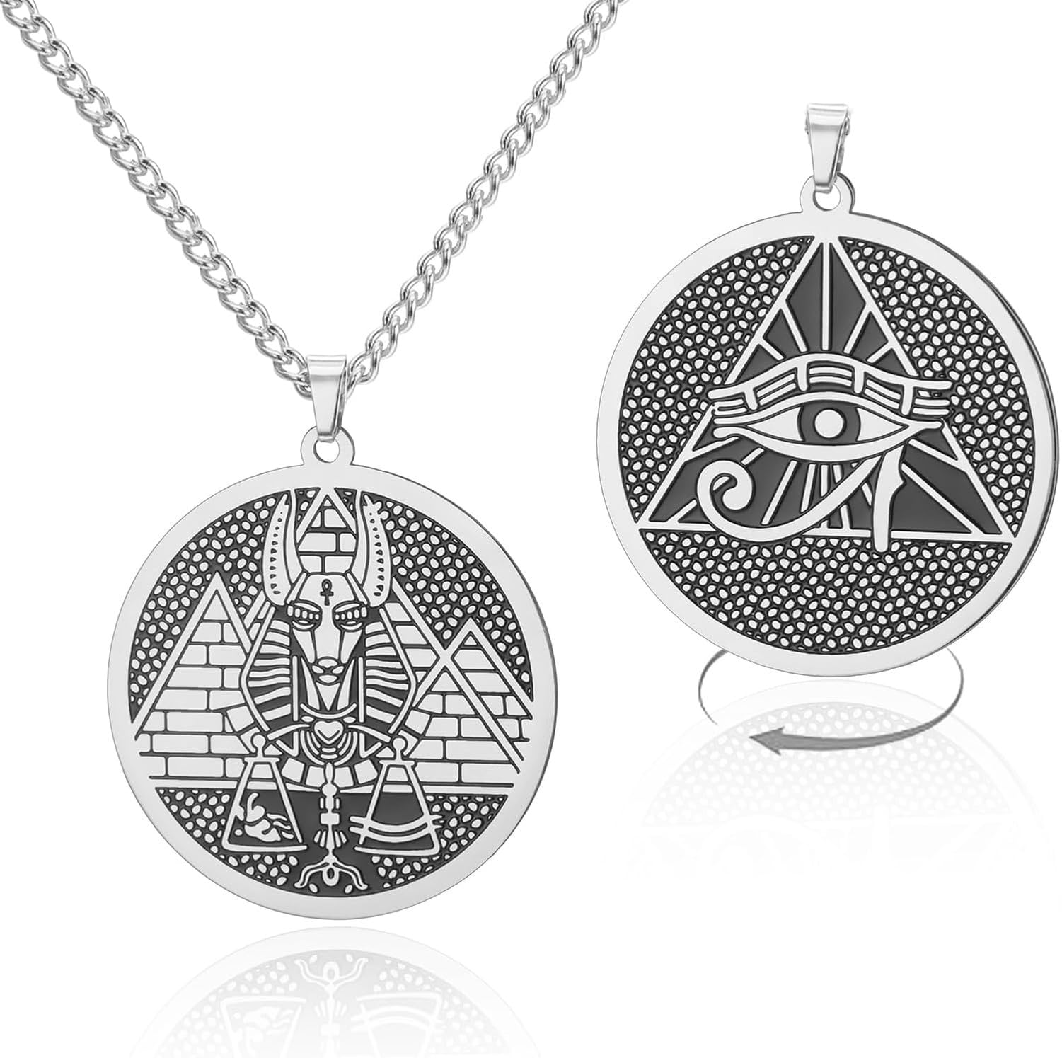 HURUMA Stainless Steel Egyptian Ankh Eye of Horus Anubis Pendant Necklace Pyramid Medallion Amulet Protection Jewelry for Men Women, Silver