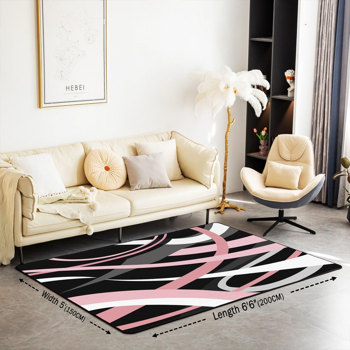 Feelyou Pink Black Grey White Living Room Rugs for Girls Kids Area Rug 5x7 Stripes Accent Rugative Geometric Indoor Floor Mat Modern Striped Art Decorative Rug