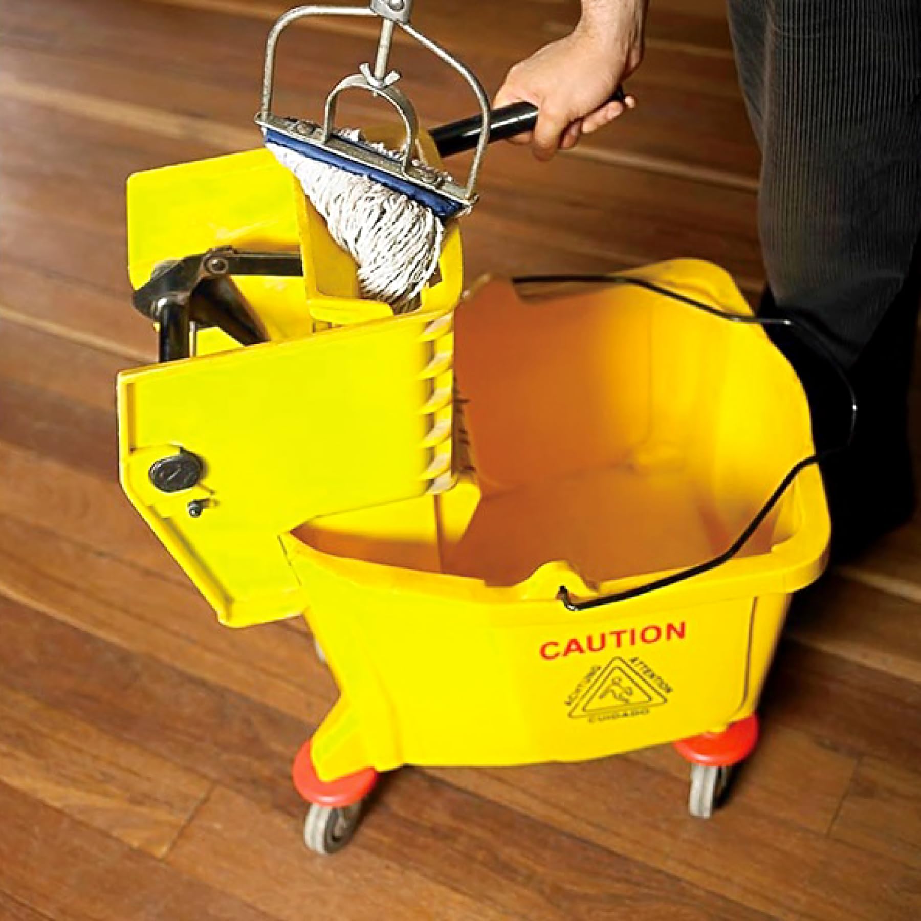 Cubo de fregona con escurridor sobre ruedas, plástico resistente de 32 litros, sistema de fregona giratoria, 4 ruedas giratorias, cubo de limpieza de grado comercial para suelos duros, uso doméstico y