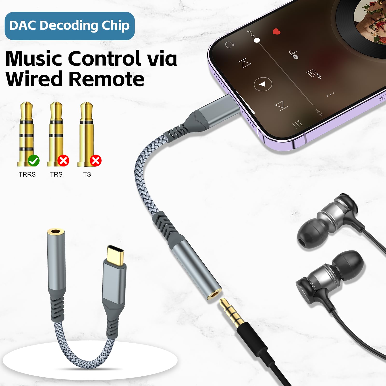 USB-C to 3.5mm headphone jack, Type-C to 3.5mm headphone AUX digital audio adapter, compatible with iPhone 16/15 Pro/Pro Max, Samsung Galaxy, iPad Pro, Xiaomi and other Type-C devices (2PCS) — view 2