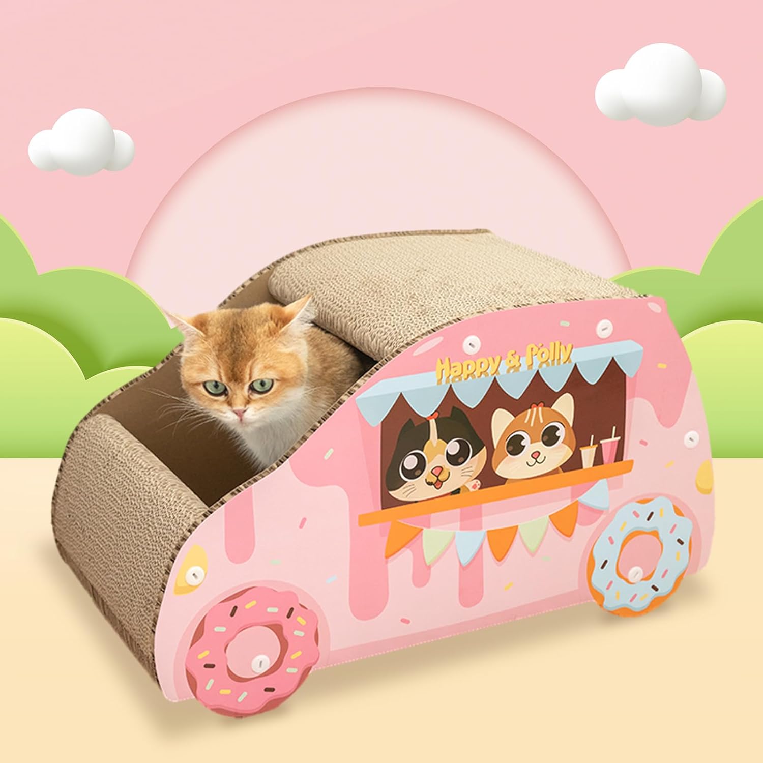 review Happy & Polly Cat House Pink Car Cat Scratcher for Small and Medium Cats Sturdy Cardboard Cat Condo, Bed, Toys, Cat for Indoor 21.9