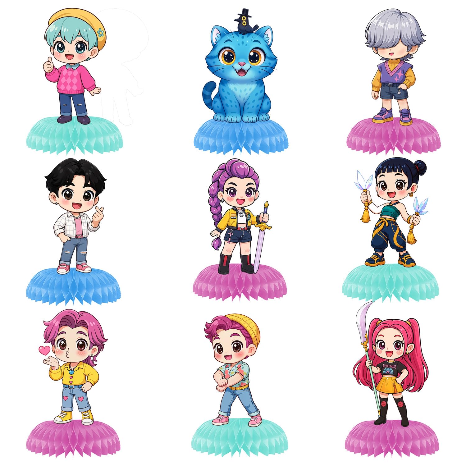 AIXPROBEAD 9Pcs Honeycomb Centerpieces for Demon Hunters Birthday Decorations, Kpop Party Supplies Table Centerpieces, Baby Shower Cake Topper Photo