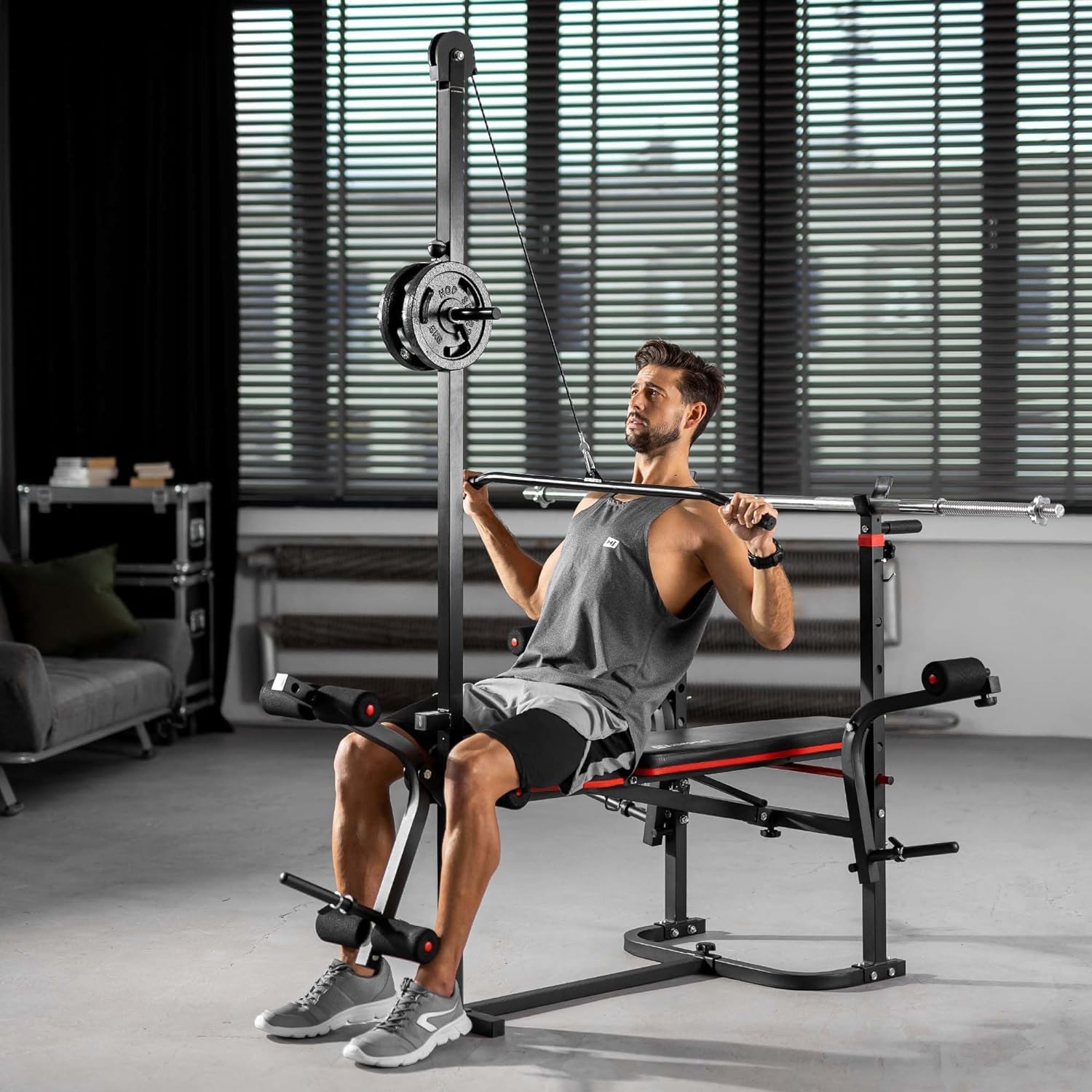 HOP-SPORT® Banc de Musculation Pliable Inclinable avec Poulie Haute, Banc d'entraînement Complet, Support d'haltères et Presse à Jambes, Multifonction pour Le Développé Couché avec Papillon au Choix