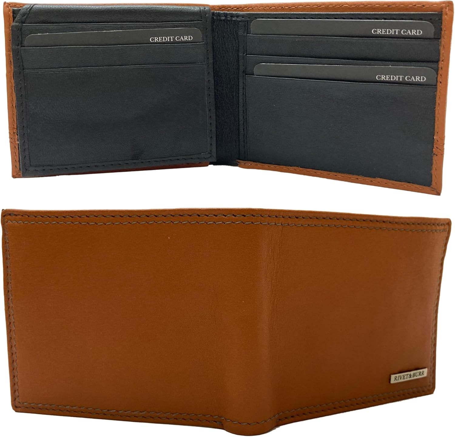 RIVET & BURR Genuine Leather Bifold Wallet for Men with RFID Blocking – Double-Stitched Slim Wallet Gift Set with Keychain, Vanity Tray & Gift Box (Tan) - Image 5