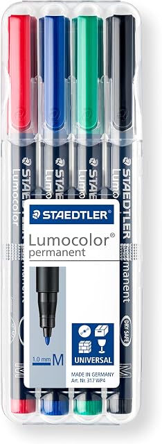 STAEDTLER 317 WP4 Lumocolor Permanent Pen, Medium Line Width, 1.0mm - Assorted Colours (Pack of 4)