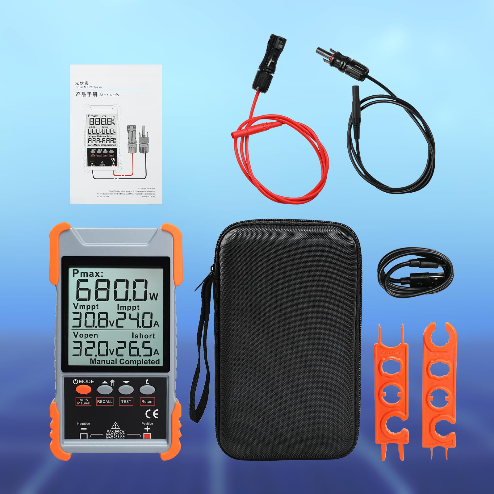 Misuratore Tester per Pannelli Solari con MPPT 2000W 90V 40A, Monitoraggio PV, Test Automatico/Manuale, Schermo LCD, Protezione da Sovratensione/Sovracorrente/Inversione di Polarità/Temperatura