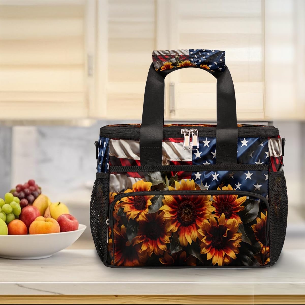 Large Lunch Box for Women Men Insulated Thermal Lunch Tote Bag Usa Flag Sunflowers Reusable Cooler Bag Portable Adult Lunchbox Container with Adjustable Strap for Work Picnic