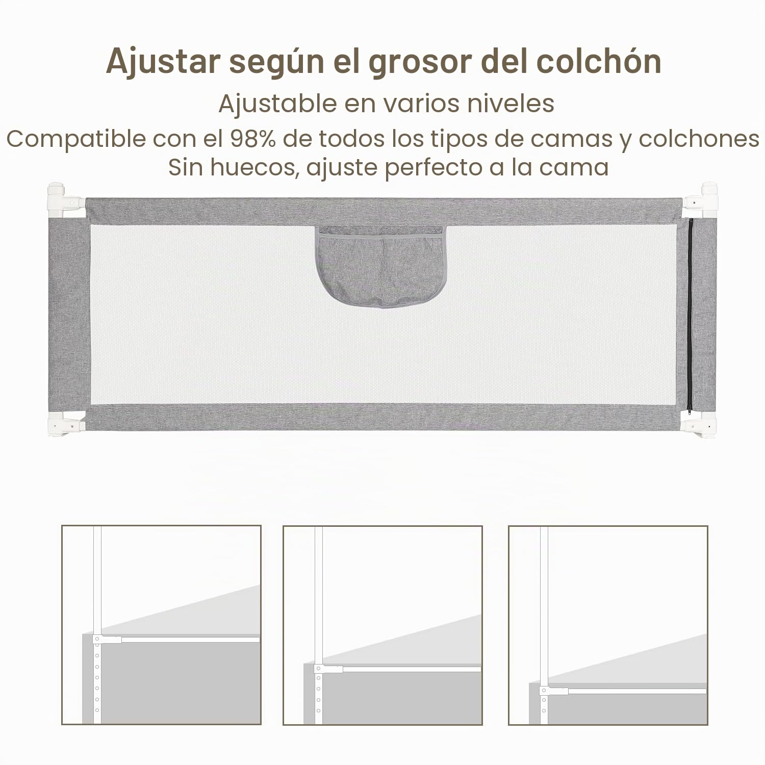 Barrera de cama para niños pequeños, altura ajustable 60-96 cm, barrera para cuna de bebé 180 x 80 cm, para cunas, gris