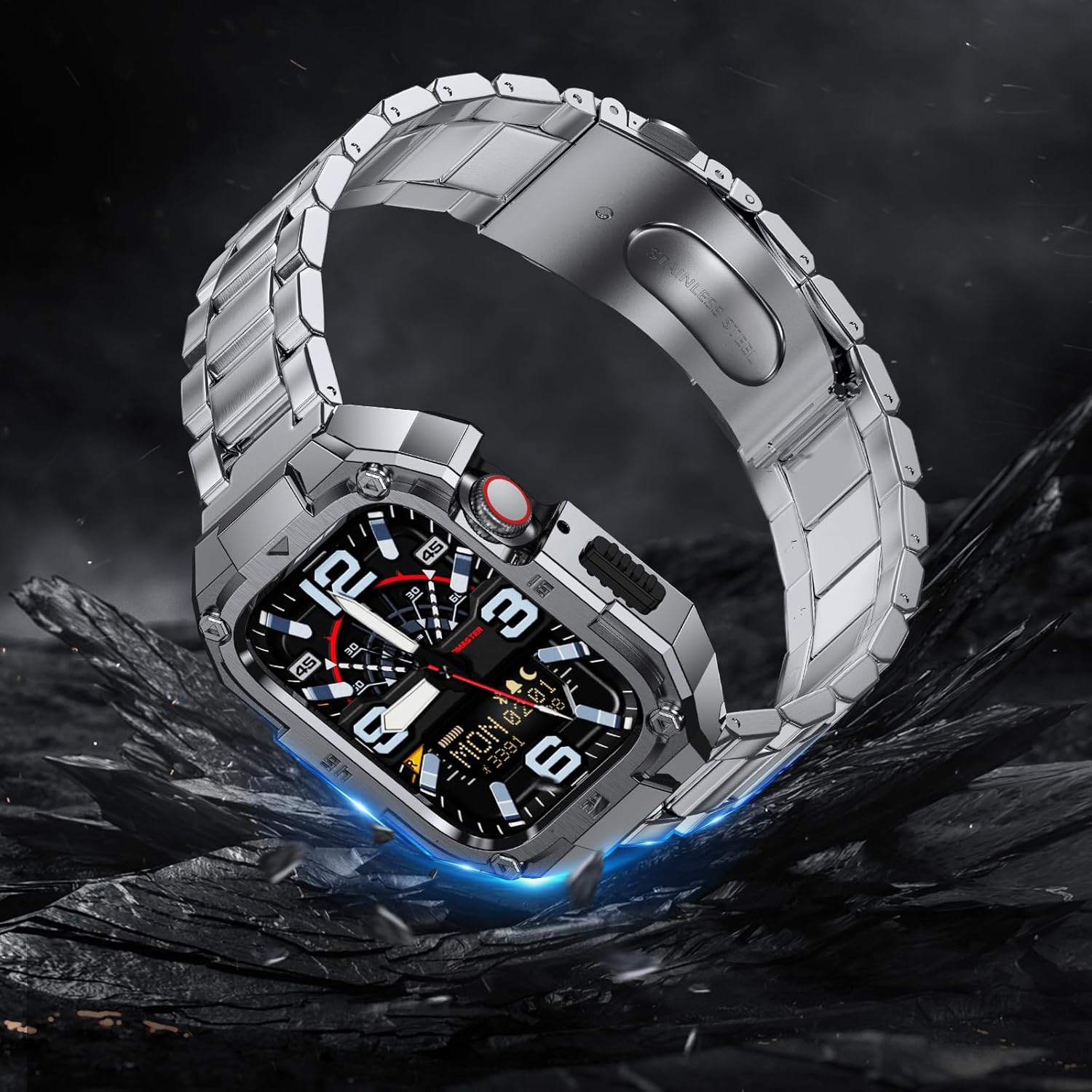 ELECTIM Metal Band with Case Compatible with Apple Watch 45mm Band, Rugged Stainless Steel Strap with Protective Bumper Cover for iWatch Series Series 9 8 7 Men Watch Strap Replacement. - Image 4