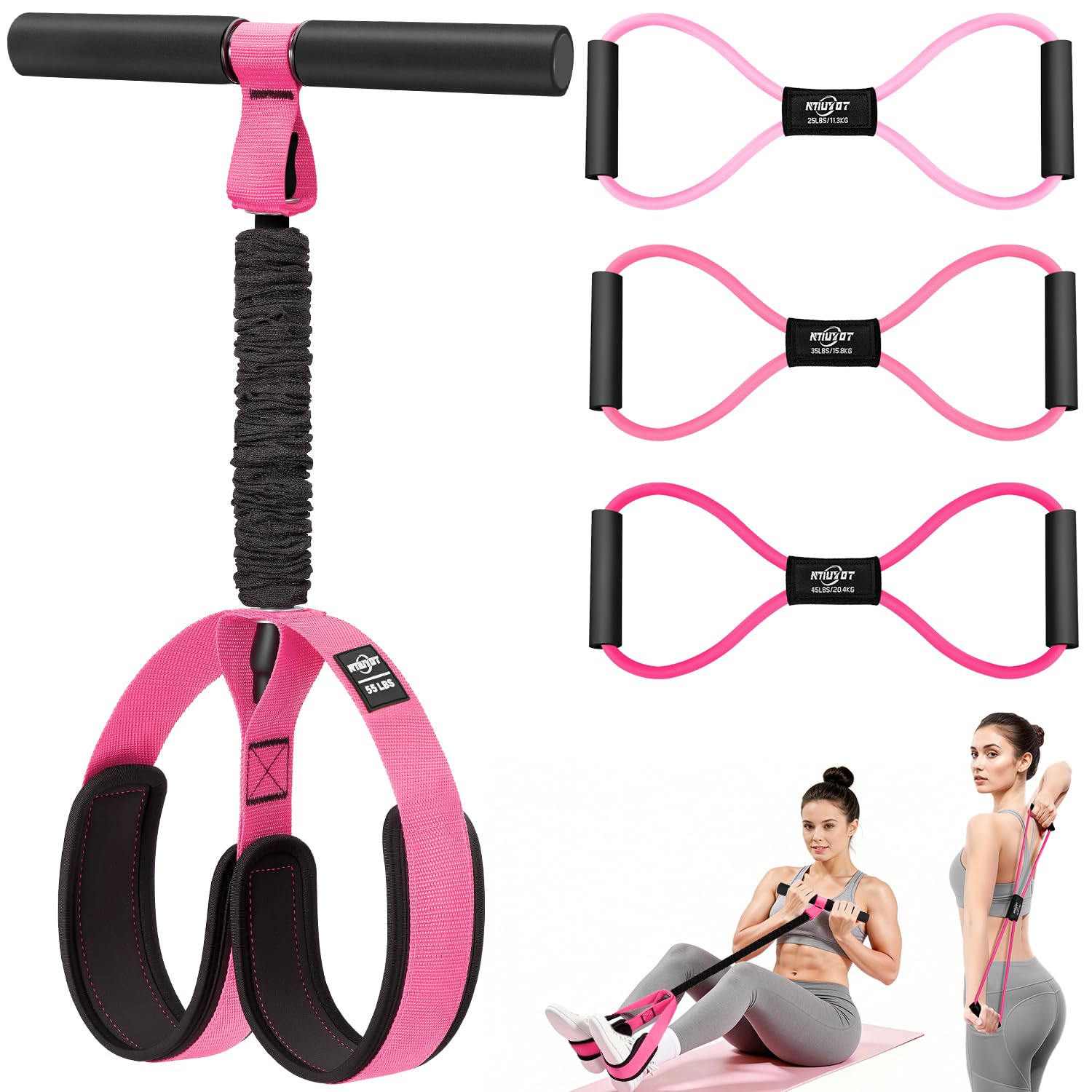 Upgraded Durable Pedal Resistance Band with Handle and Figure 8 Resistance Band Set, Stretch Bands for Exercise, Full Body Workout Equipment for Core Abs Waist Arms Back Stretching Training