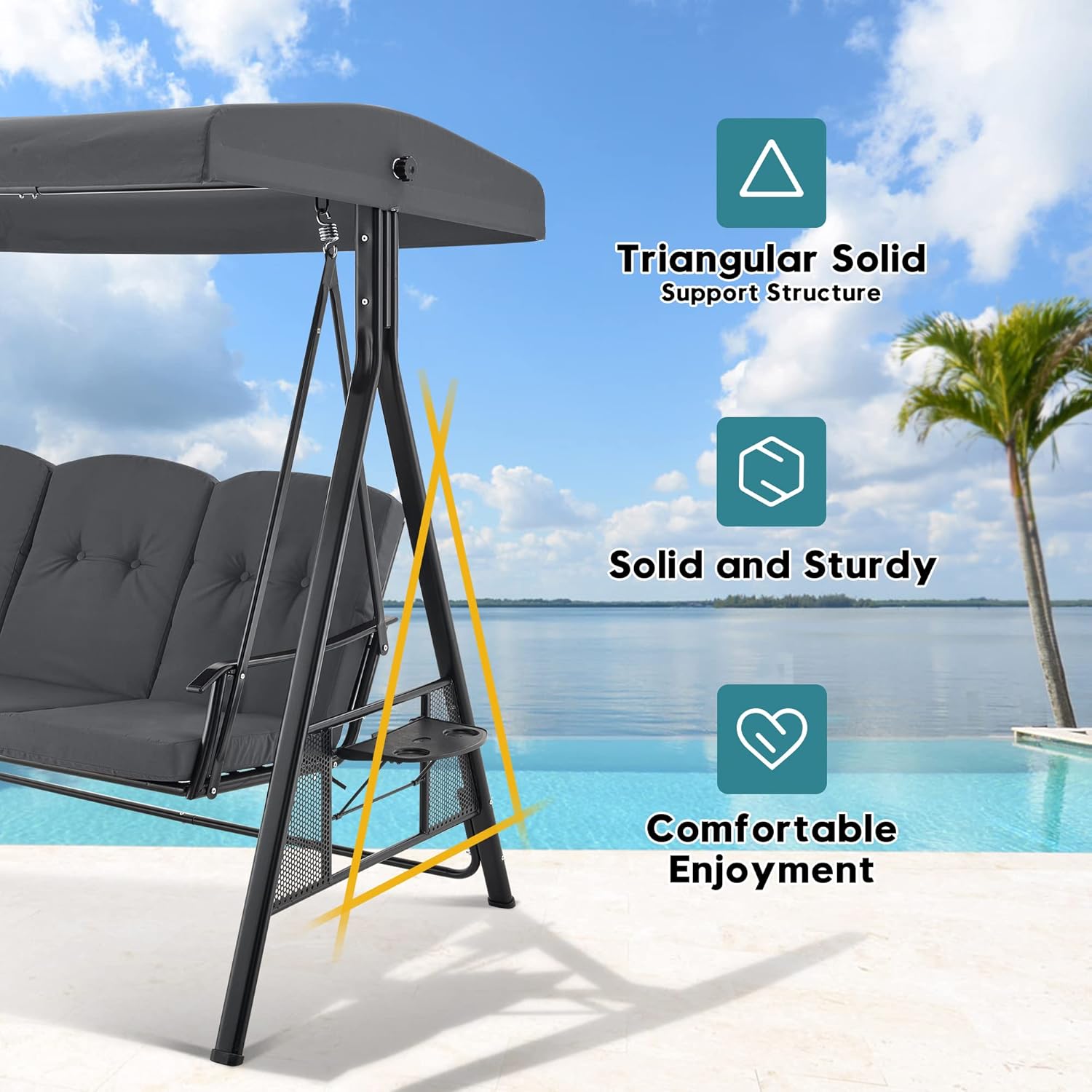 Macrout 3 Seat Patio Swings with Adjustable Canopy, Outdoor Porch Swing Chair with Stand for Backyard, Poolside, Balcony 4092