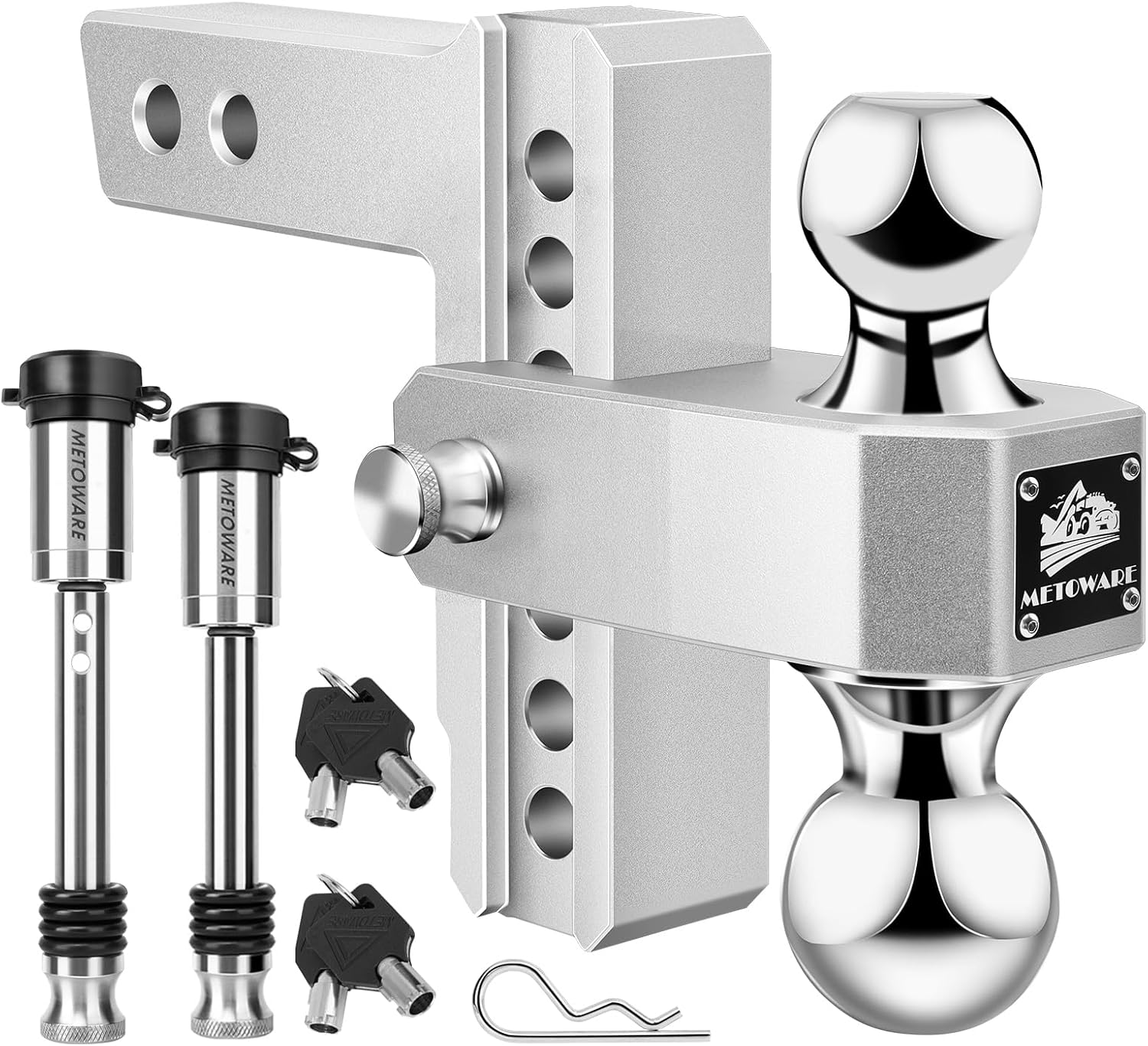 METOWARE Adjustable Trailer Hitch - Aluminum Tow Hitch Fits 2-Inch Receiver - Heavy Duty Drop Hitch with 6-Inch Drop/Rise for Truck (12,500 LBS GTW), Double Anti-Theft Stainless Steel Pin Locks