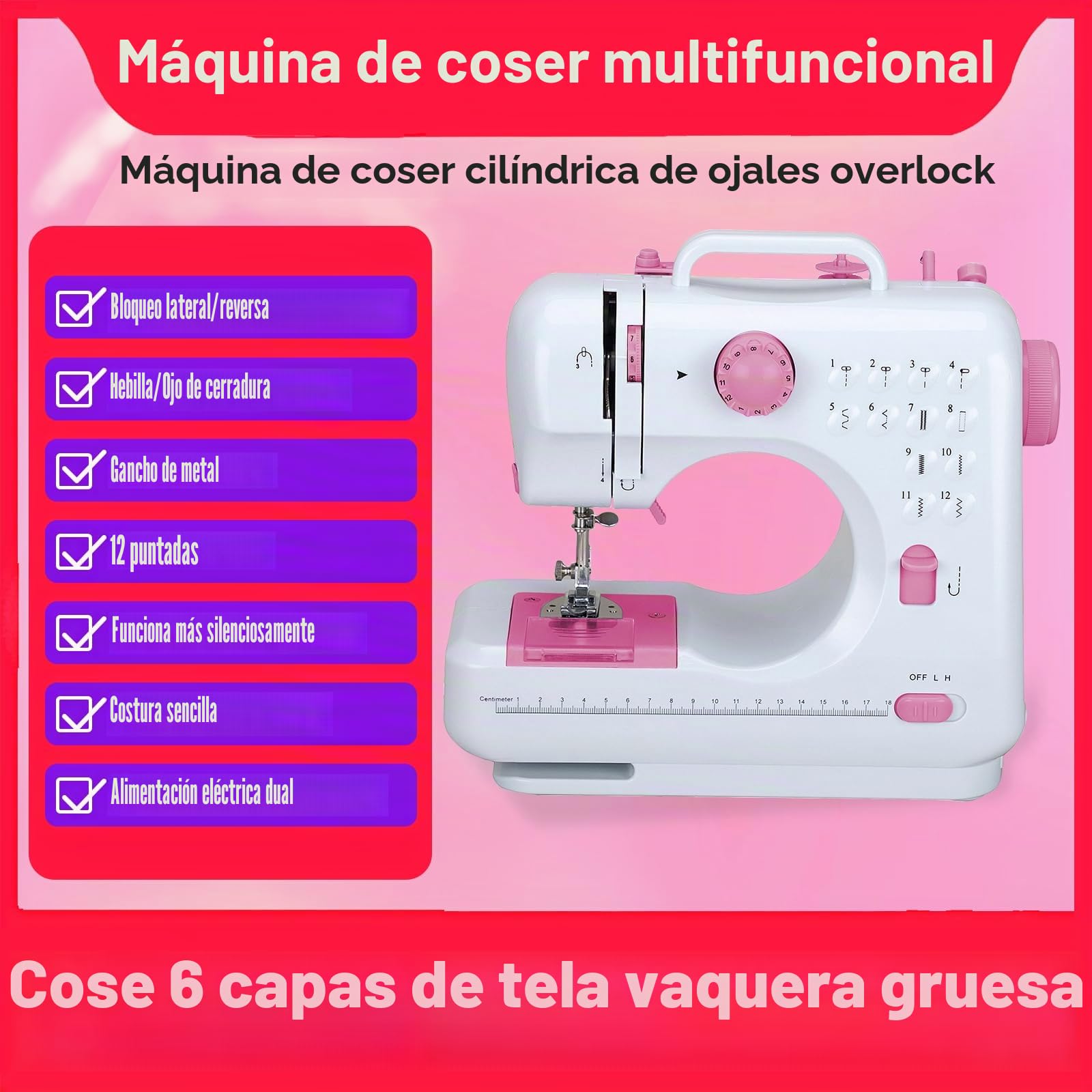 Máquina de coser ZPSHYD, multifunción de 12 puntos, doble línea, doméstica, overlock con dos velocidades, para niños y principiantes, en Rosa