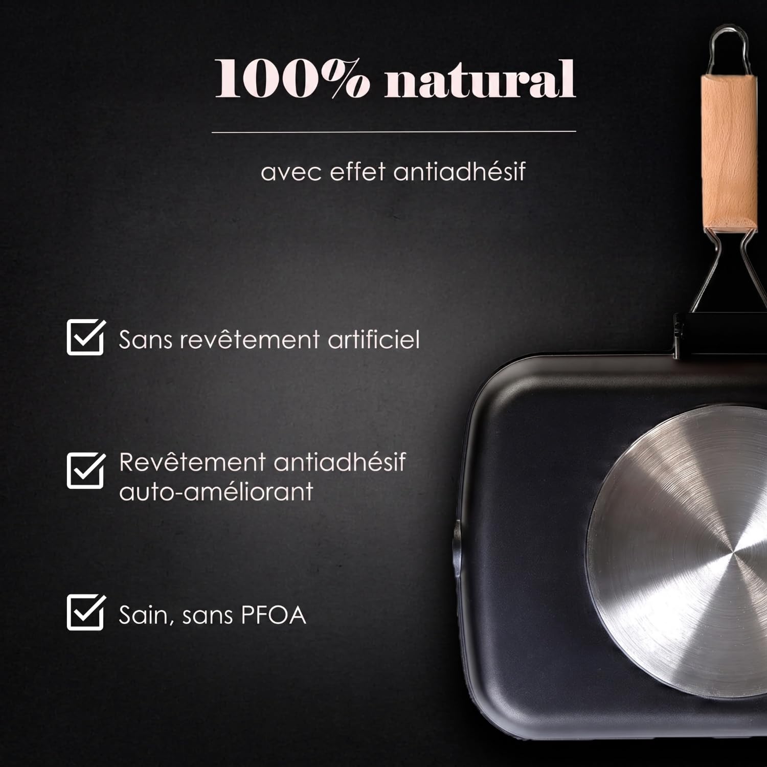 WECOOK! Ecostone Poêle à Griller Induction Lisse, 34 x 24 cm, Antiadhésive ILAG Écologique sans PFOA, Fonte d'Aluminium, Épaisseur 5 mm, Poignée en Bois Pliable, Vitrocéramique, Gaz