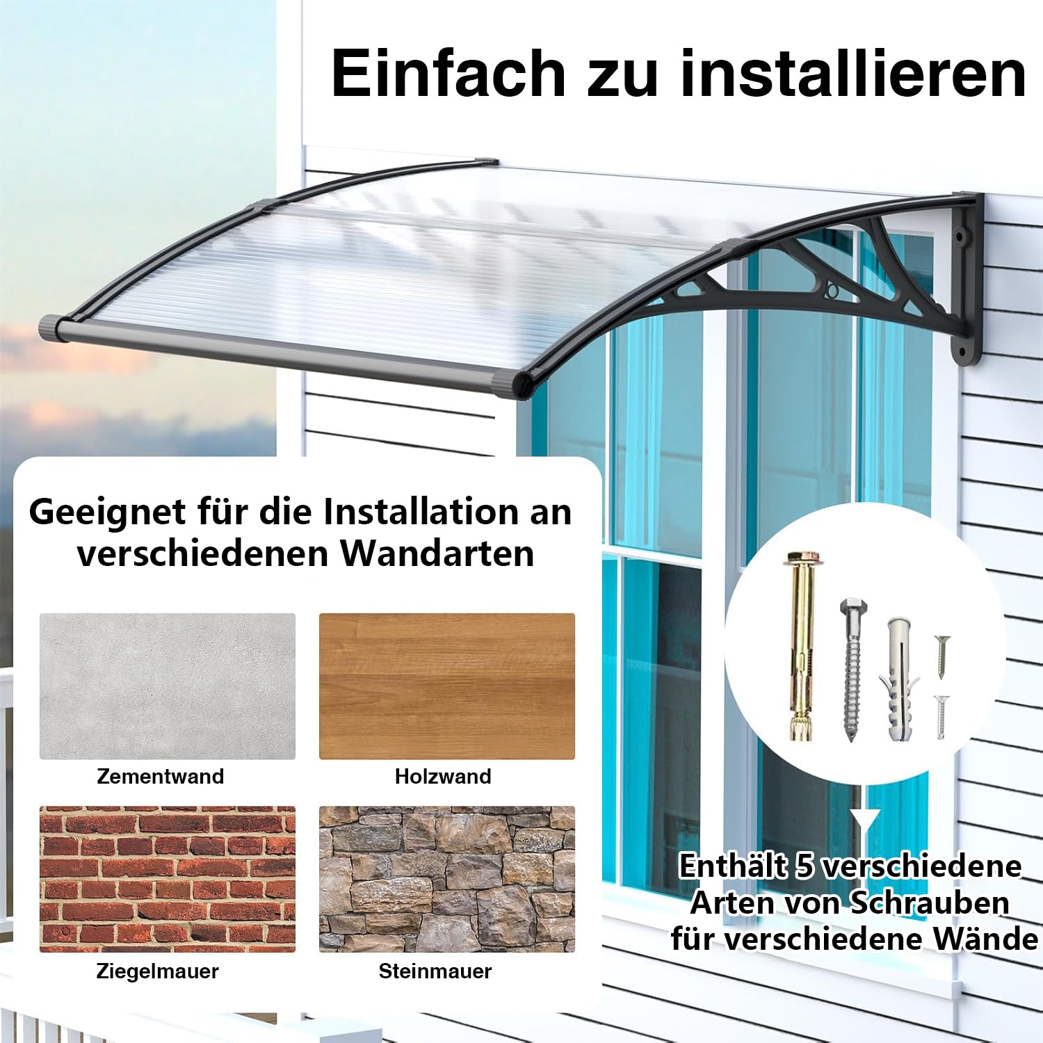 Vordach für Haustür 240x100 cm Fenstervordach mit separater Entwässerung, Polycarbonat Pultvordach Überdachung für UV-,Regen- und Schneeschutz – Ideal für Veranda, Terrasse und Fenster
