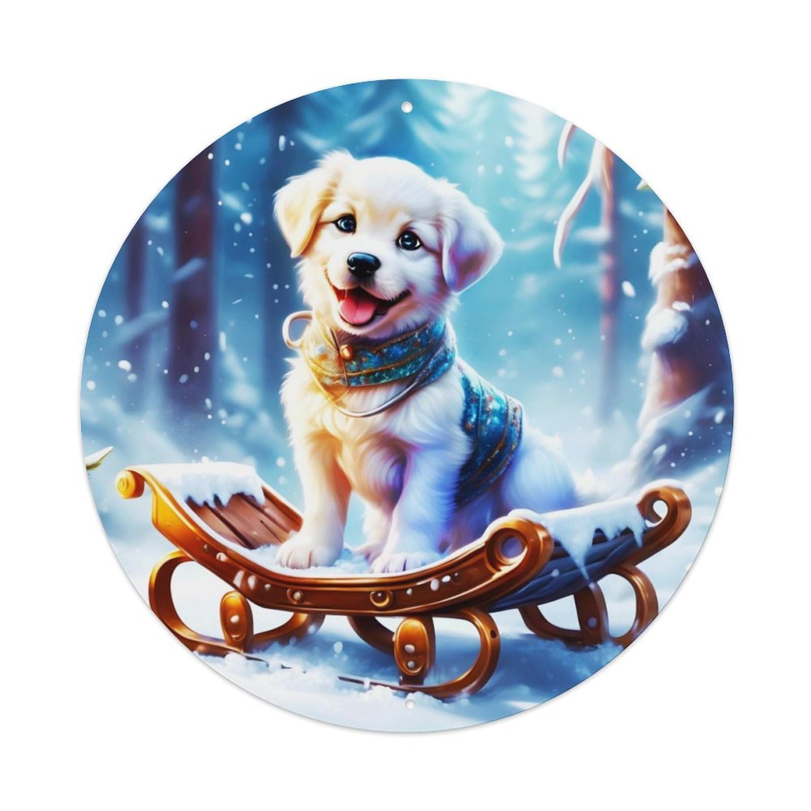 Animal Artwork Puppy Sledding Vintage Metal Tin Sign Plaque Wall Decor for Cafe, Club, Garden Round Metal Poster 8x8Inch