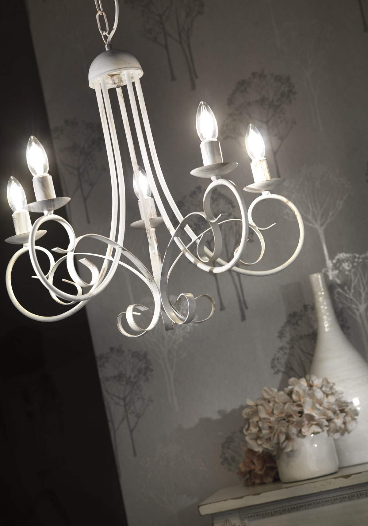 ONLI Pompei - Lampadario 5 luci, stile classico ed elegante. Struttura in metallo. Bianco