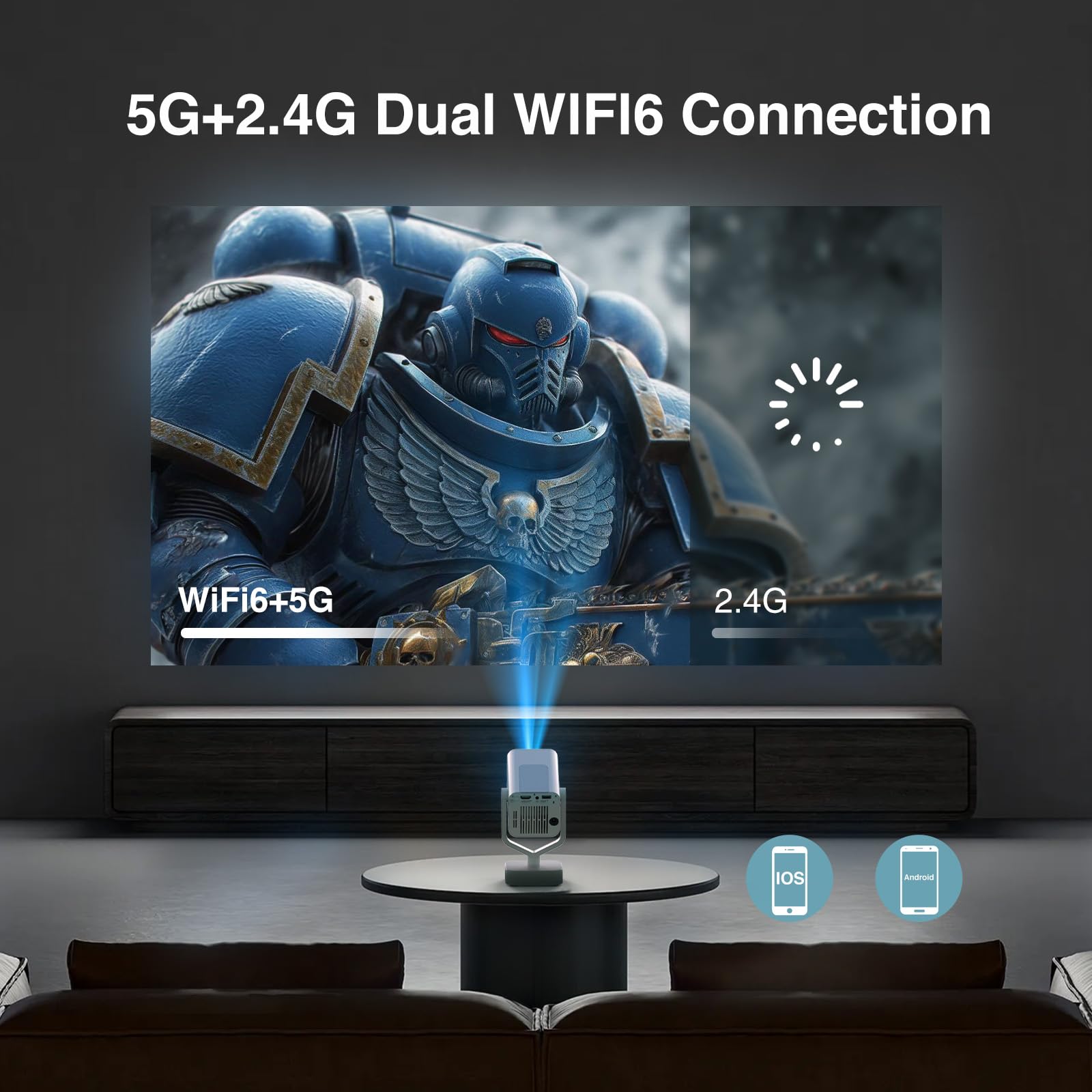 [E-Focus/Auto Keystone] Mini proiettore, Rotazione 210°, Proiettore Portatile Full HD 1080P supporta, Bluetooth WiFi6 AKATUO projector Portatile da esterno/TV Stick