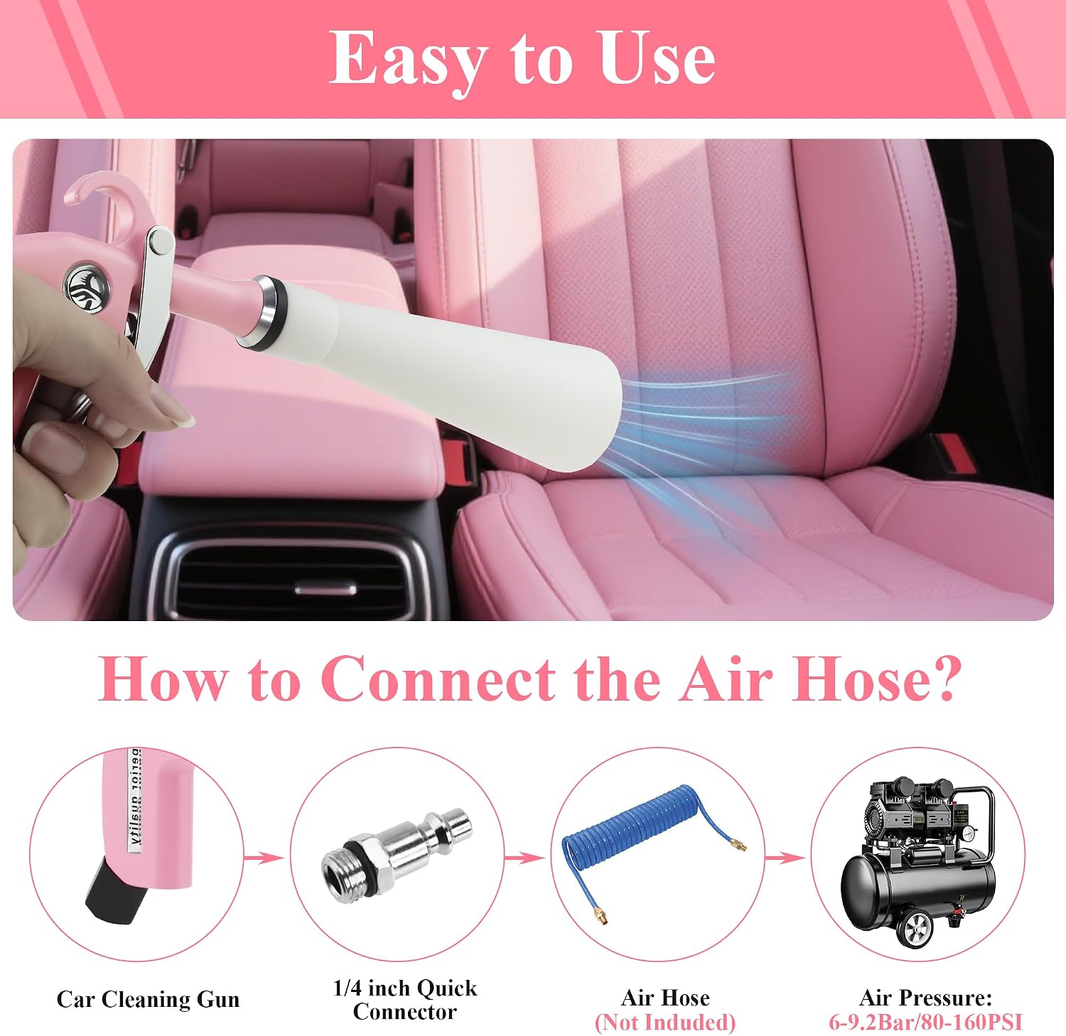 XIAOFENG Tornado Dry Cleaning Gun Detailing Interior Dryer Air Blow Gun with 2 Set Nozzle High Pressure Car Drying Blower Gun for Women Car Quickly Blasts Dirt and Dust from Surface Pink