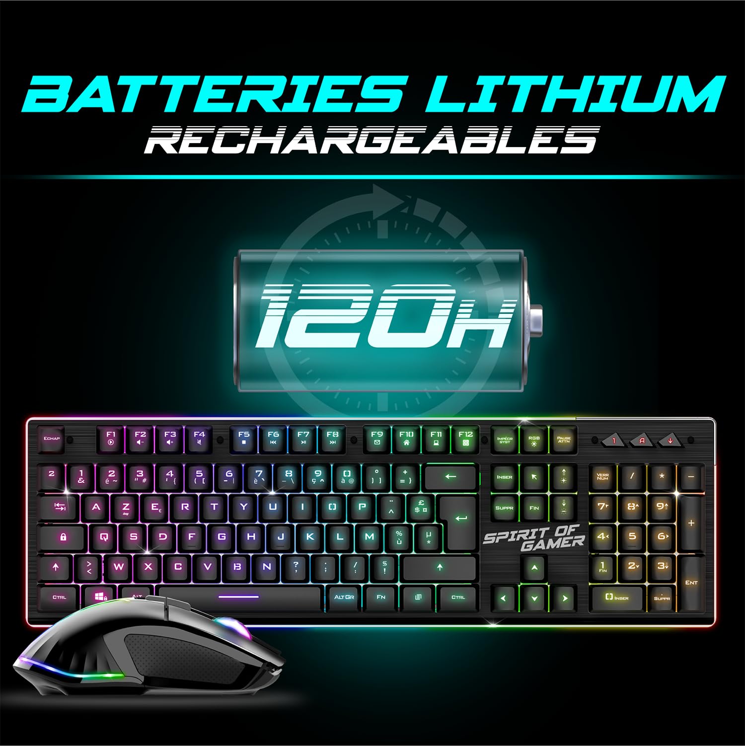 Spirit of Gamer, Pack Clavier Souris sans Fil Gamer Rechargeable RGB, Structure Aluminium, AZERTY FR Rétroéclairé, Gaming Keyboard Semi Mécanique, Wireless Mouse 4800 DPI, PS4/PS5, PC, Xbox, Noir