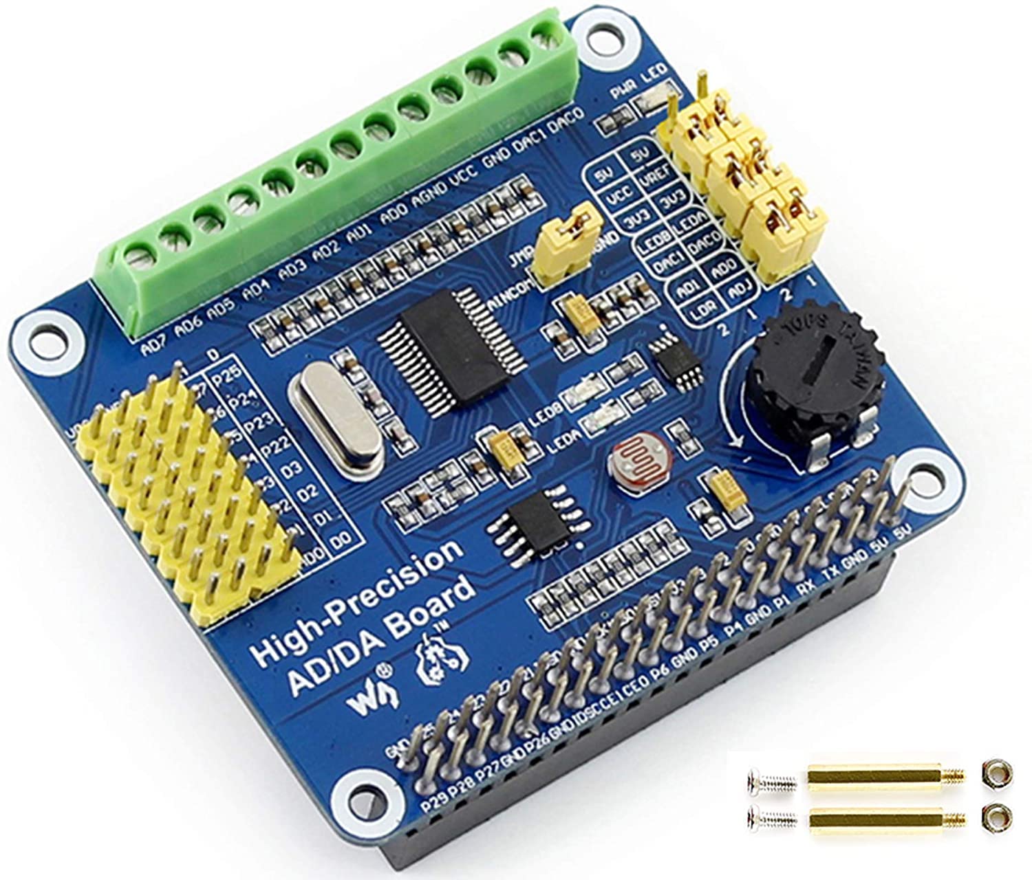 high-precision ad/da expansion board for raspberry pi 4b/3b+/3b/2b/zero/w/zero wh and jetson nano,add high-precision ad/da functions to pi. onboard ads1256 8-ch 24bit adc and dac8532 2-ch 16bit dac
