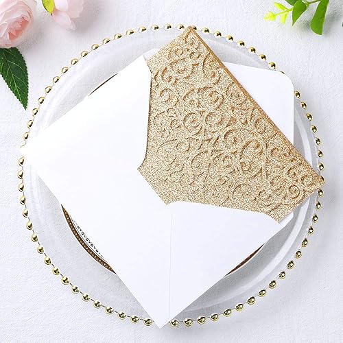 Vista 47 de ponatia 5.12 x 7.2 Invitaciones de boda de corte láser con purpurina negra, bolsillos de invitación triples cortados con láser con sobres