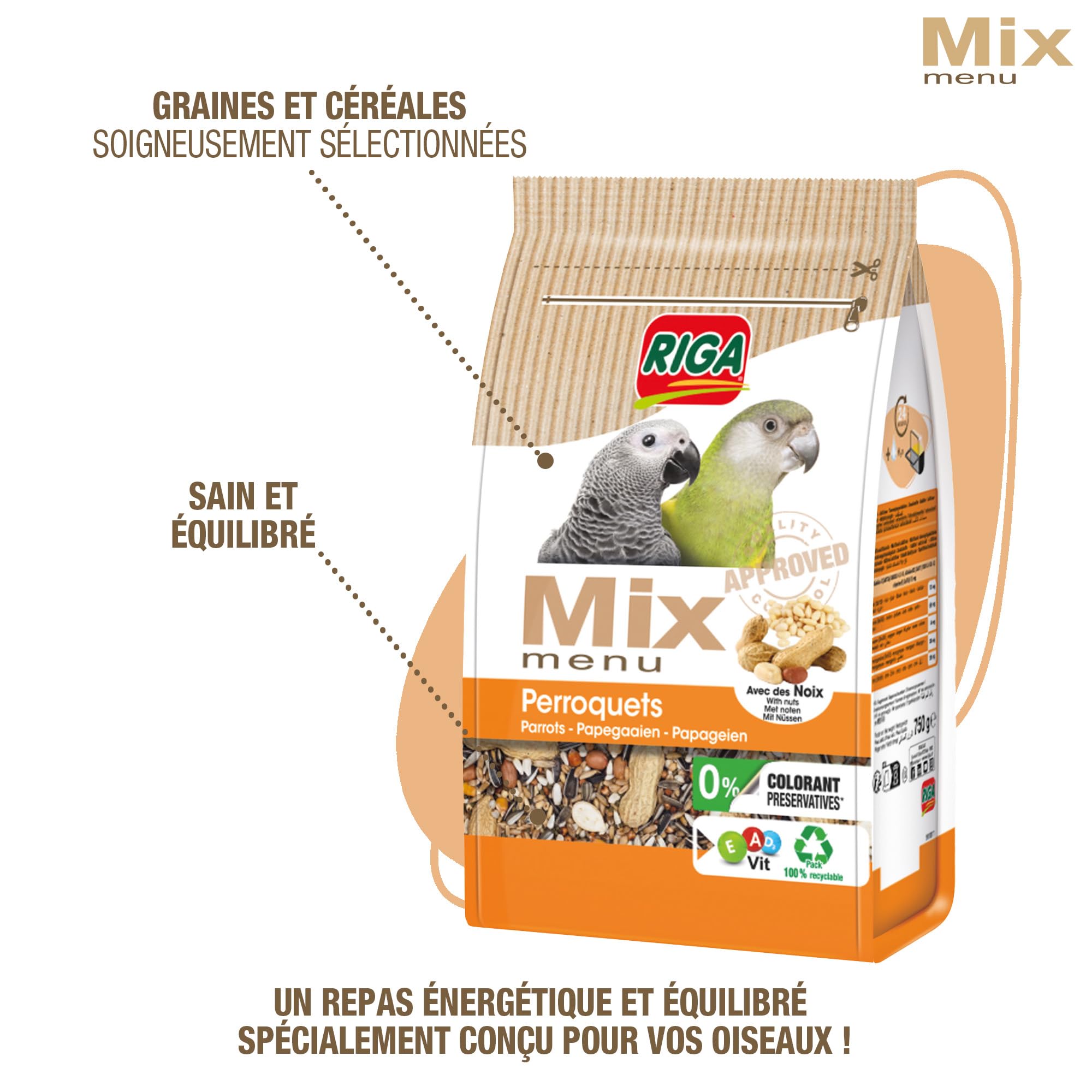 Riga - Menu Mix pour Perroquets - Mix Vitaminé - Nourriture pour Oiseaux - Graines Et Céréales - Aux Noix - Vitamines Et Minéraux - Enrichi en Prébiotiques - sans Colorant, Ni Conservateurs - 750 g - 3
