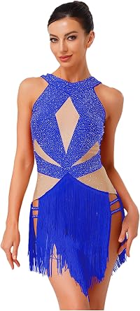 TiaoBug Women Latin Dance Dress Halter Neck Backless Fringe Salsa Cha-Cha Rumba Ballroom Dance Costume